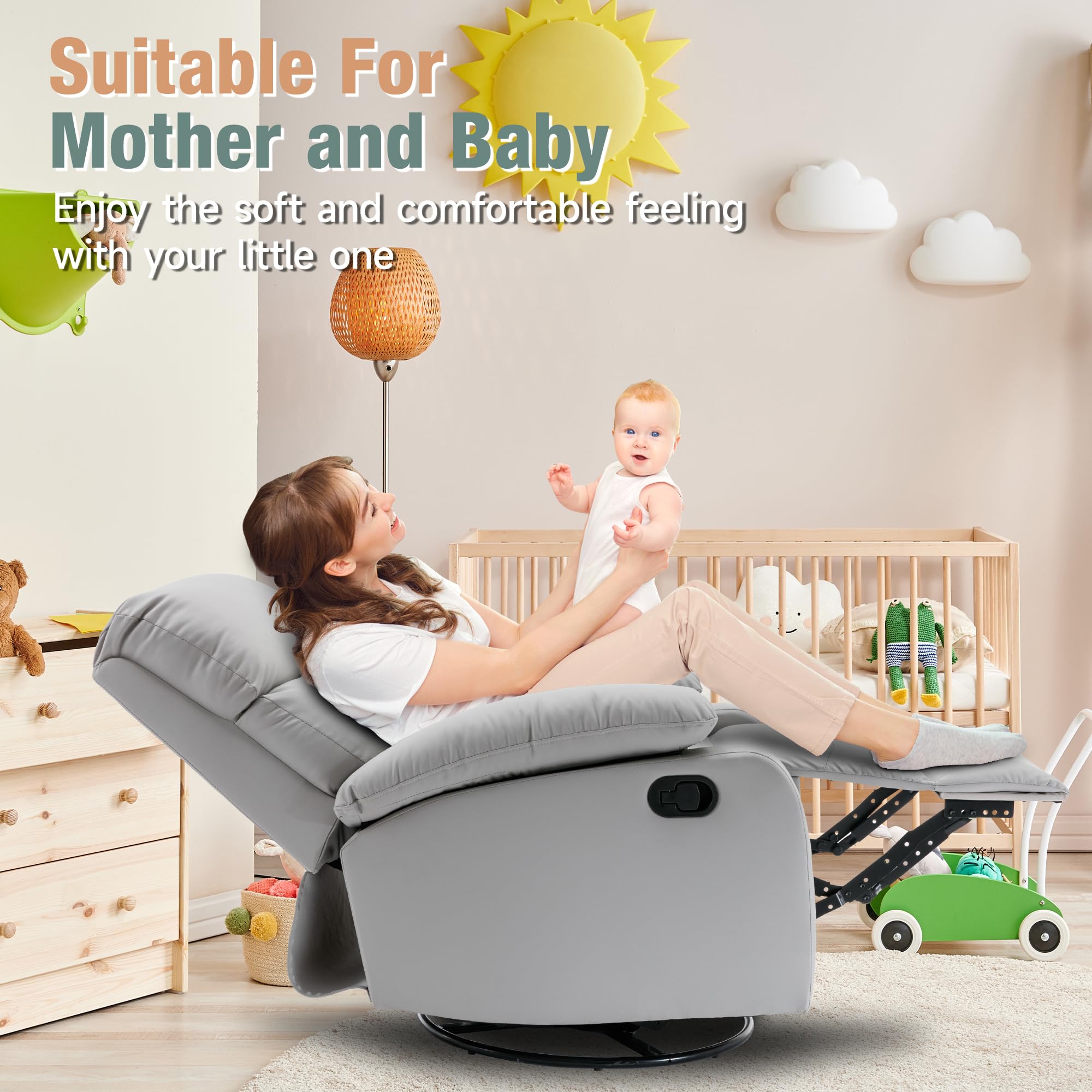 Comfortable Swivel Rocker Recliner Chair for Small Spaces - Light Grey Modern Rocking Recliner for Living Room, Bedroom, Nursery & RV - Perfect for Relaxing, Nursing & Small Space Living