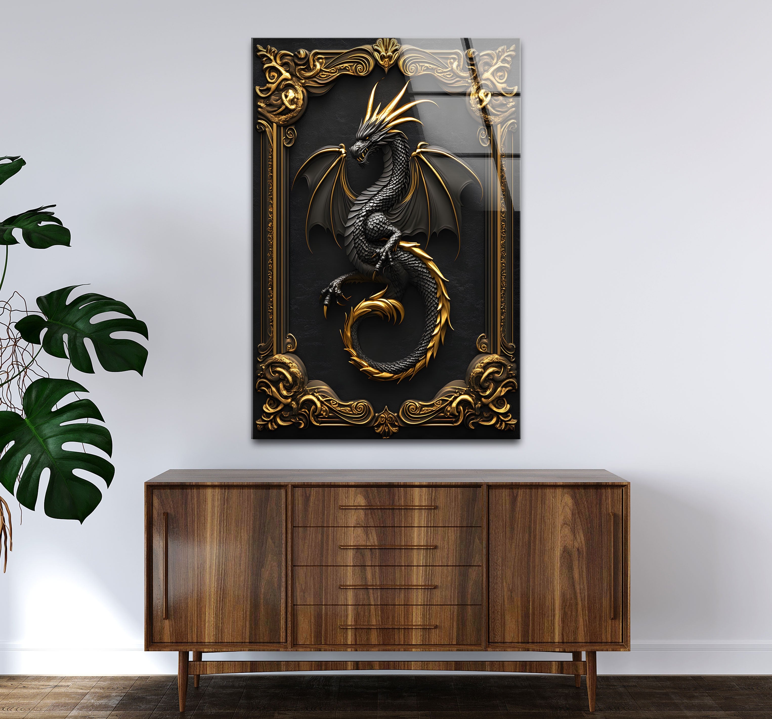 Black and Gold Dragon Fantasy Glass Wall Art - Majestic Home Decor for Living Room, Bedroom & Office