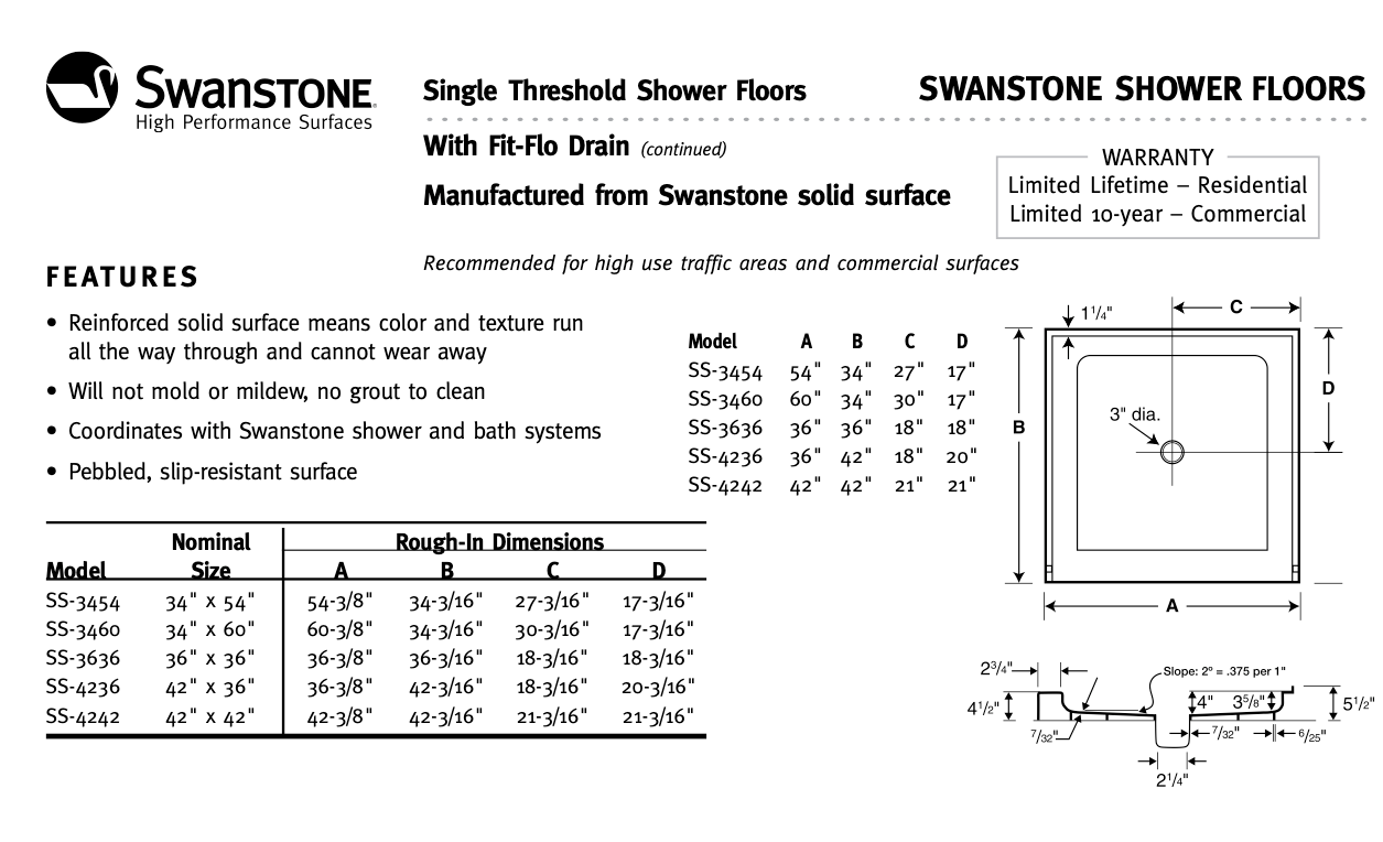 36 x 36 Swanstone Single Threshold Shower Pan - Durable & Slip-Resistant Bathroom Floor Base for Easy Installation | Perfect for Home Renovation & ADA Compliant Showers