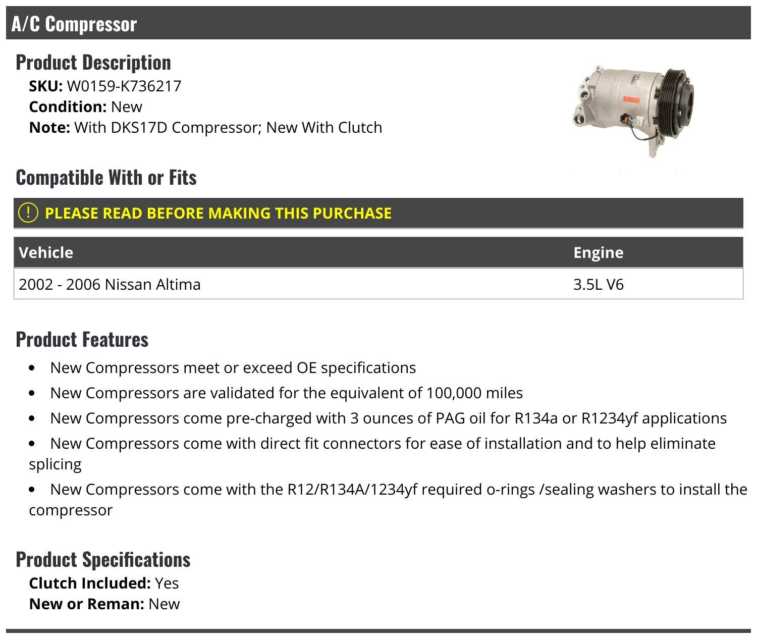 High-Performance A/C Compressor with Clutch - Replacement for 2002-2006 Nissan Altima 3.5L V6 - Perfect for Summer Cooling & Auto AC Repair