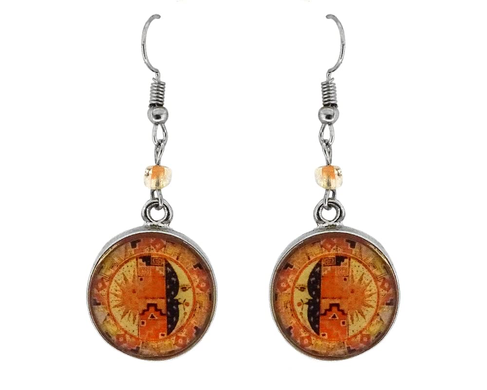 Spiritual Sun and Moon Dangle Earrings for Women - Handmade Boho Jewelry, Round Metal Earrings with New Age Graphic Design | Perfect for Yoga, Meditation, Festivals & Boho Fashion