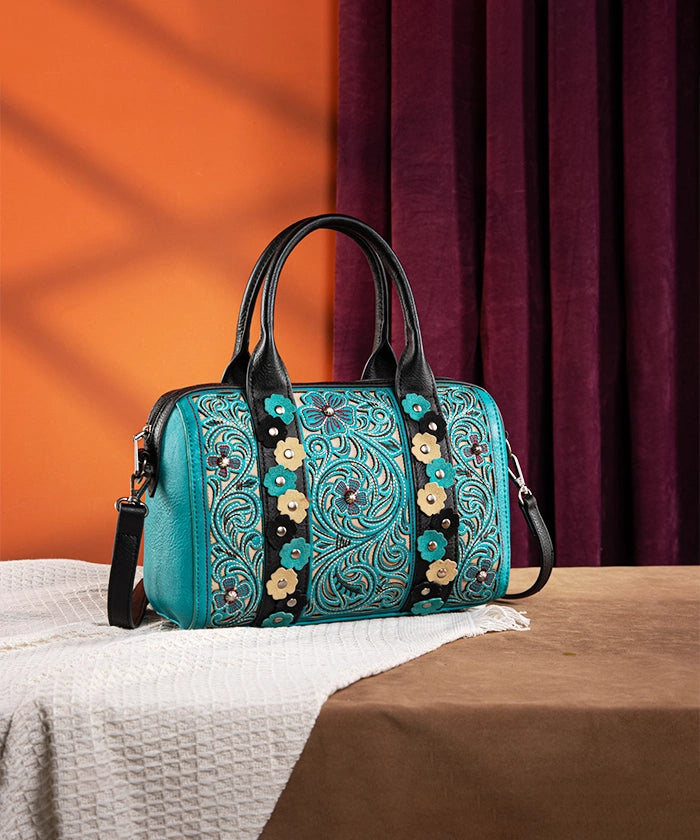 Montana West Embroidered Floral Cut Out Boston Bag Set - Stylish Leather Shoulder Purse for Women, Perfect for Work, Travel & Everyday Use