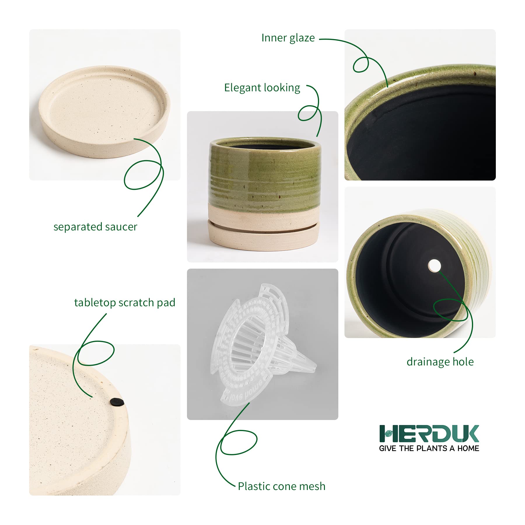 6 Inch Ceramic Plant Pots with Drainage Hole & Saucer - Indoor/Outdoor Cylinder Round Planter for Succulents, Herbs, Flowers (Green & Beige) - Perfect for Home Decor, Office, Garden & Balcony