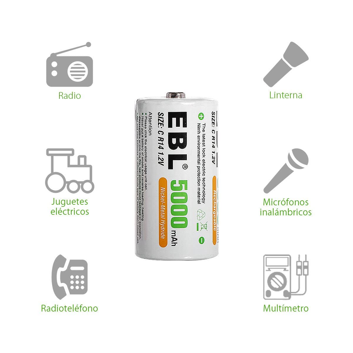 EBL 6 Pack C Cell Rechargeable Batteries 5000mAh High Capacity - 1.2V Ni-MH C Size Batteries with 1500 Cycles & Battery Case - Perfect for Flashlights, Toys, Medical Devices and Emergency Power Supply