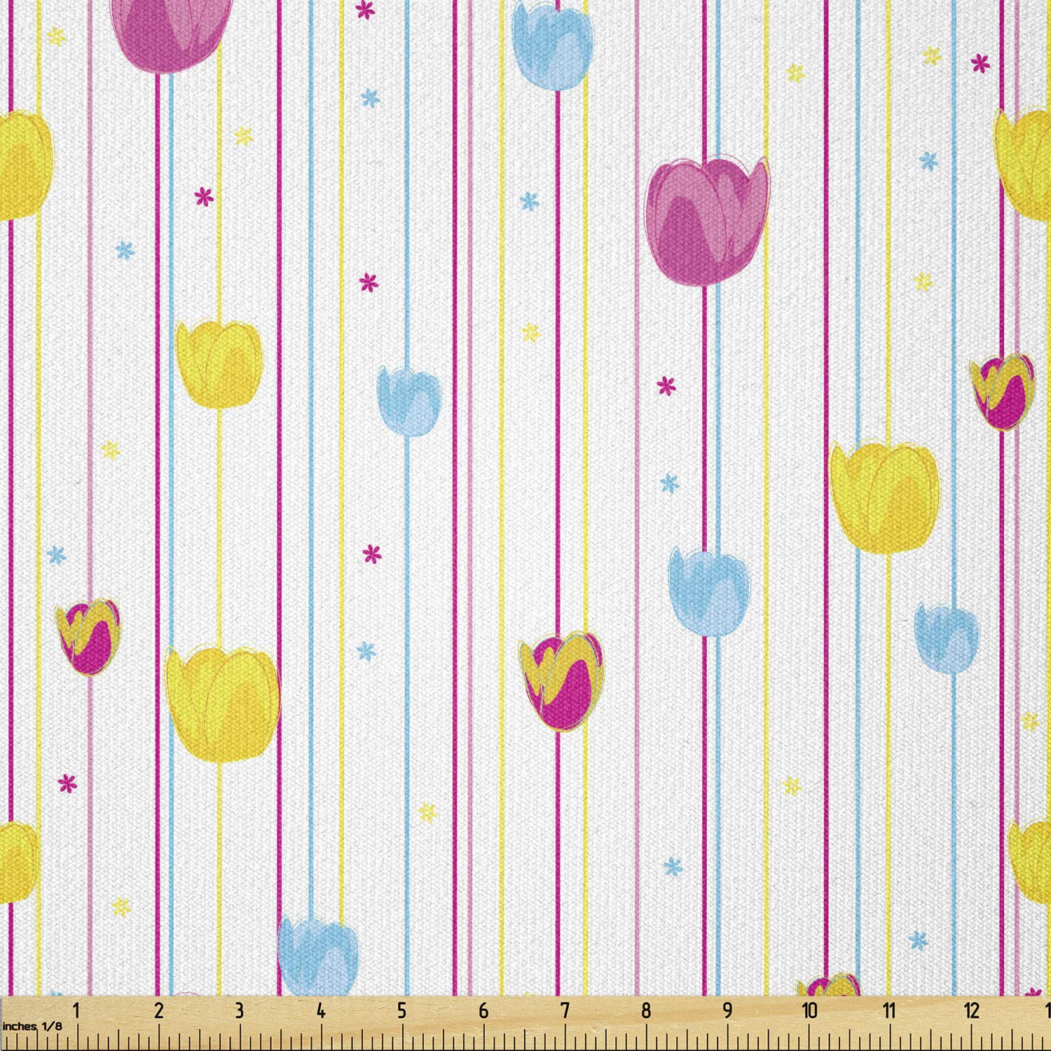 Ambesonne Stretch Knit Fabric by The Yard - Yellow & Blue Vertical Stripes with Floral Tulip Design for DIY Clothing, Sewing & Craft Projects - 1 Yard (Pink, Yellow, Pale Blue) - Perfect for Dresses, Scarves & Home Decor