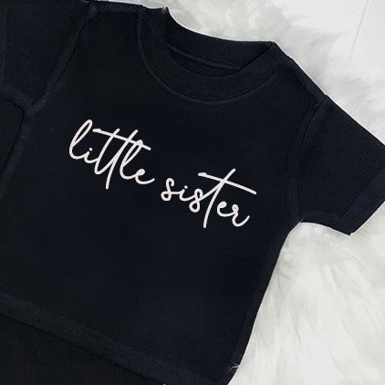 Big Sister & Little Sister Matching Black Script T-Shirts - Cute Sibling Outfits for Family Photos & Special Occasions