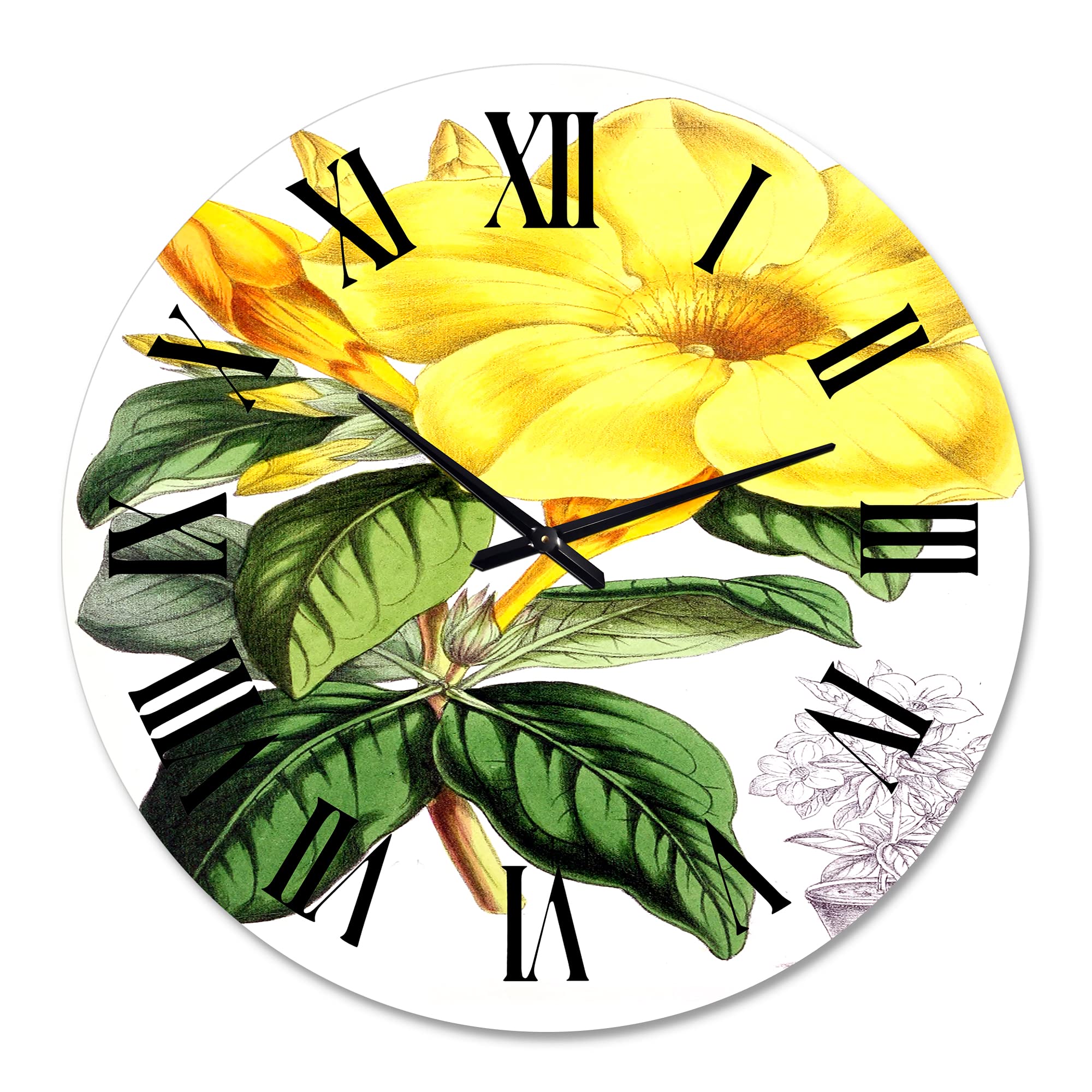 DesignQ Traditional Wall Clock - Tropical Yellow Flowers with Green Leaves II - Large Floral & Botanical Wall Clock for Home, Office, Kitchen, Living Room Decor