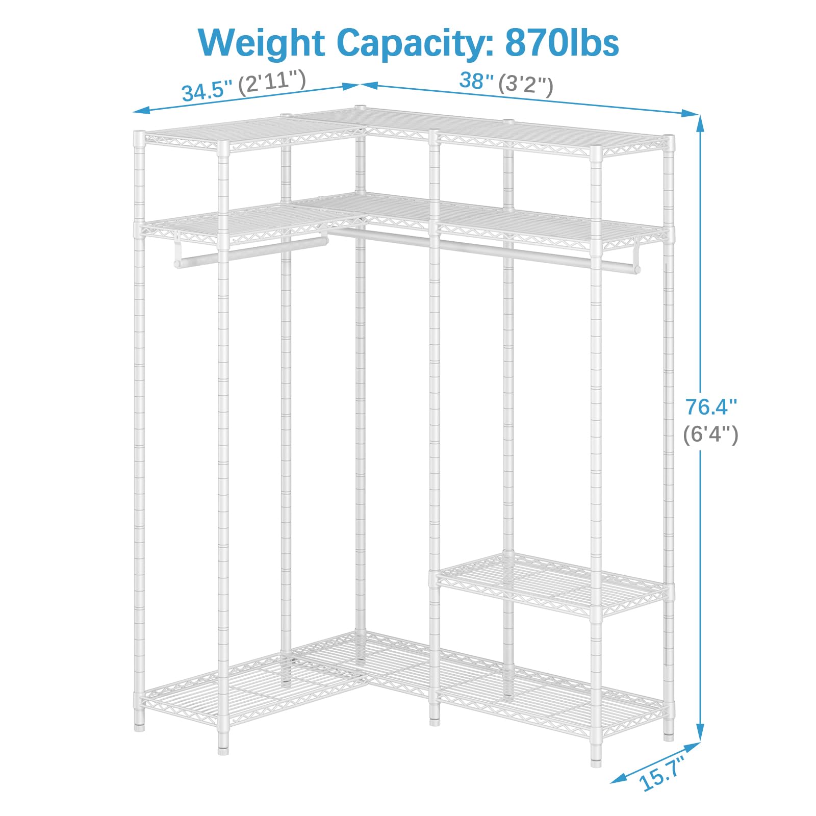 VIPEK L30 Corner Clothes Rack - Heavy Duty L-Shaped Closet System with Adjustable Shelves & Hanging Rods | Freestanding Corner Wardrobe for Hanging Clothes | Perfect for Small Spaces, Bedrooms & Dorm Organization