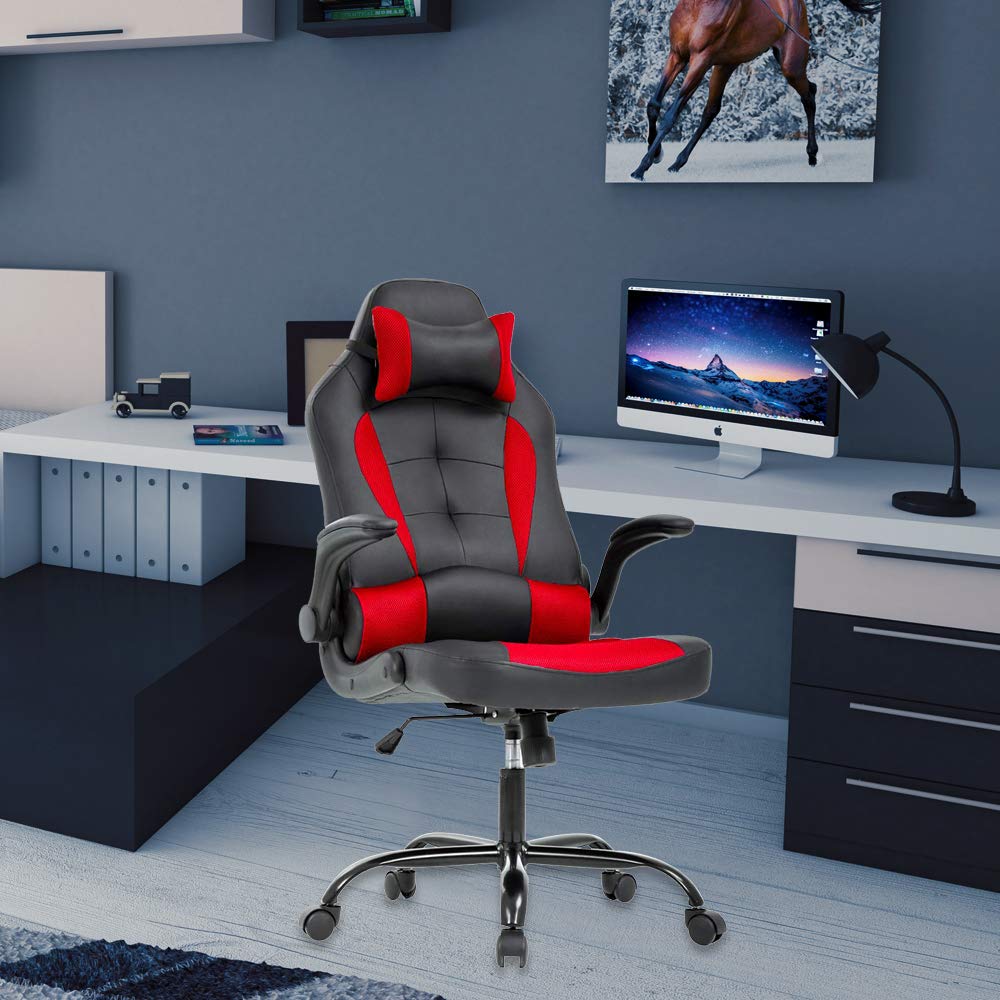 Ergonomic Gaming Chair with Lumbar Support & Head Pillow - Adjustable Leather Office Desk Chair for Home & Computer Work - Modern Executive Swivel Task Chair with Rolling Wheels (Red) - Perfect for Gaming, Remote Work & Home Office Setup
