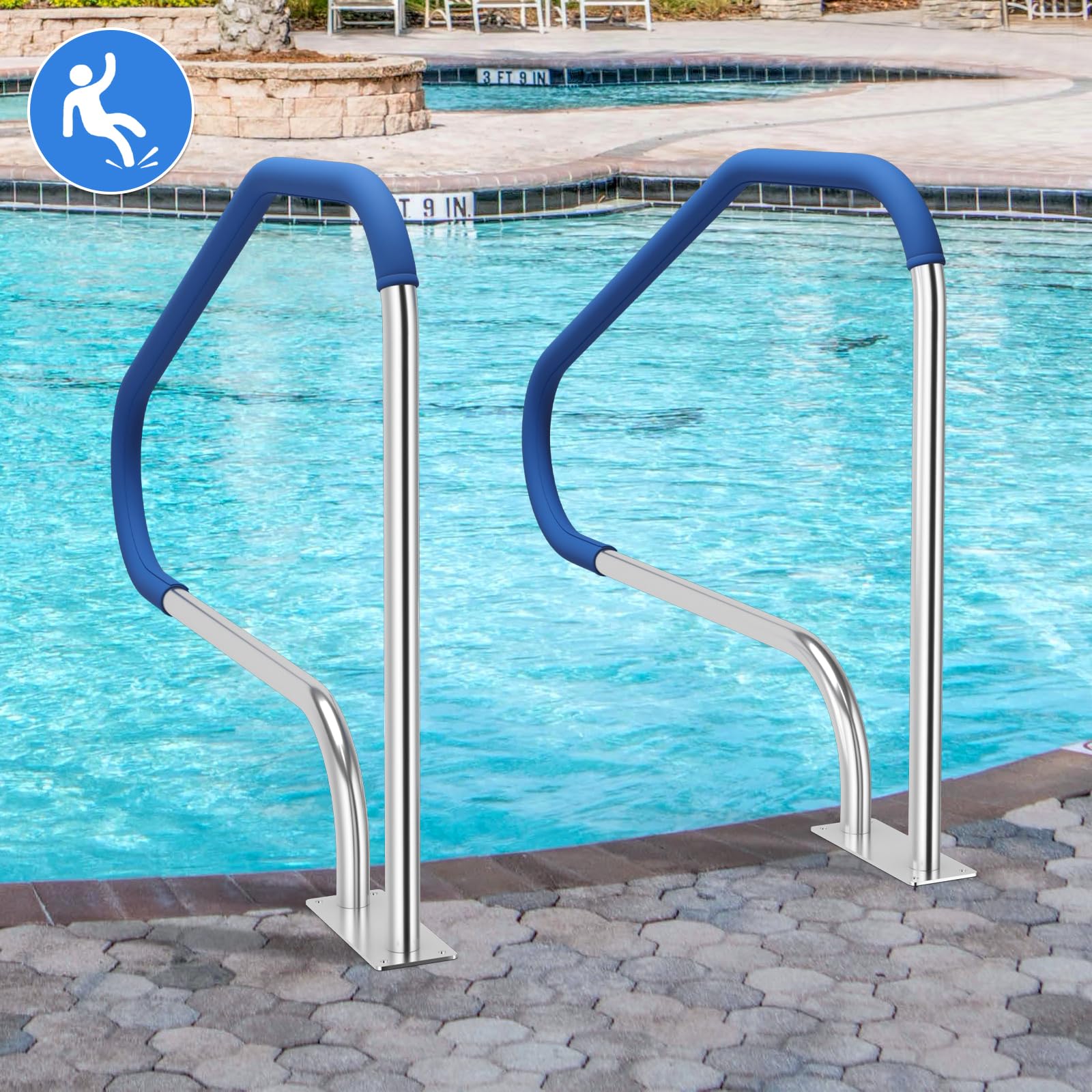 SAFSTAR 316 Stainless Steel Pool Handrail with Non-Slip Nylon Grip - 3-Bend Design for Easy Pool & Spa Access - Heavy Duty 550 lbs Capacity - Includes Mounting Base Plate & Accessories - Perfect for Swimming Pool Steps, Hot Tubs, and Aquatic Therapy Areas
