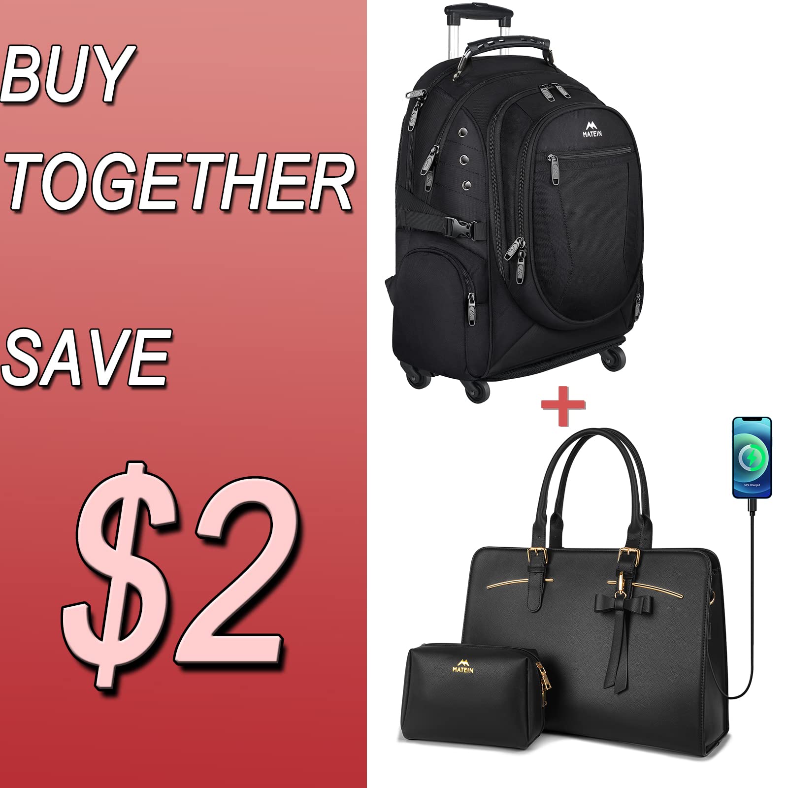 Matein Waterproof PU Leather Laptop Bag & Rolling Backpack Bundle - USB Charging Port, Large Work Briefcase & College Wheeled Backpack for Women & Men | Perfect for Business Travel, Commuting & School Use