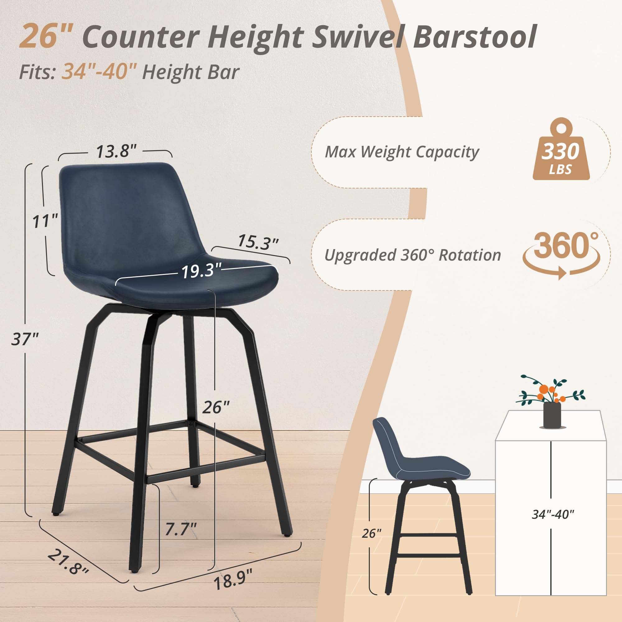 LUE BONA 360° Swivel Bar Stools Set of 3, 26 Inch Counter Height Bar Stools with Enlarged Seats - Modern Faux Leather & Metal Legs for Kitchen Island, Dining Room, Bar - Navy Blue | Perfect for Home, Restaurant, and Cafe Use