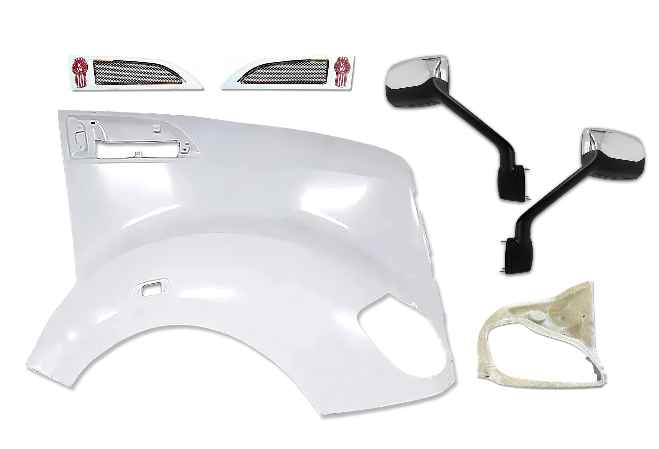 KOZAK Long Service Hood Fender (Passenger Right Side) with Corner Frame Headlight, Air Intake & Chrome Hood Mirrors - Compatible with Kenworth T680 2012-2021 Models | Includes Logo, Wipers, License Plate Frame & Vest | Perfect for Truck Maintenance, Replacement Parts & Custom Upgrades