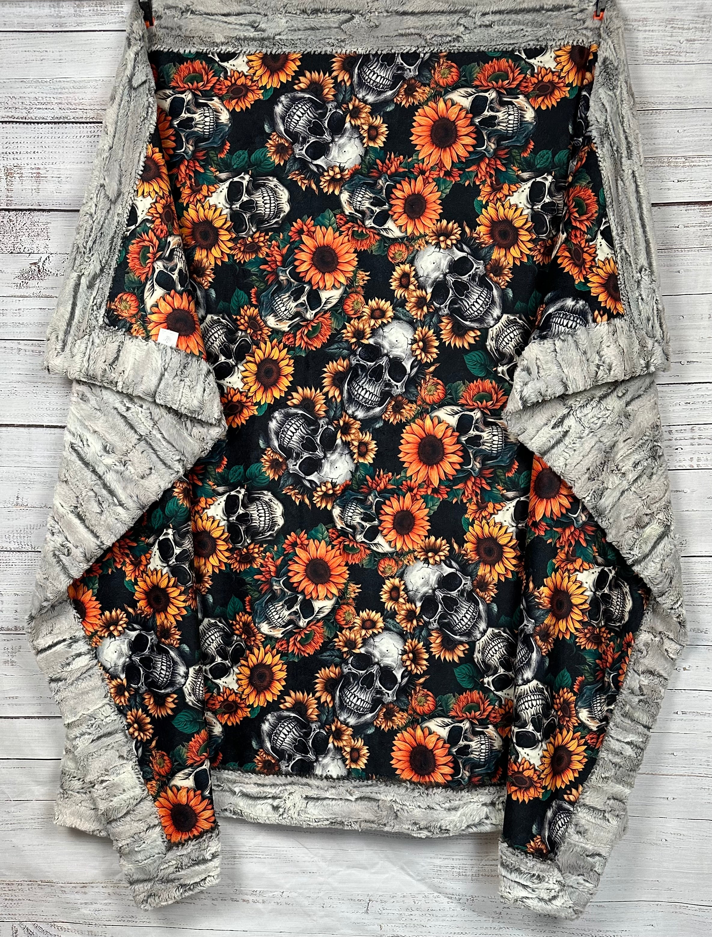 Premium Silver Fox Minky Blanket with Skull Sunflower Design - 54x79 Inches - Soft & Cozy Large Throw Blanket for Bed, Couch, or Gift