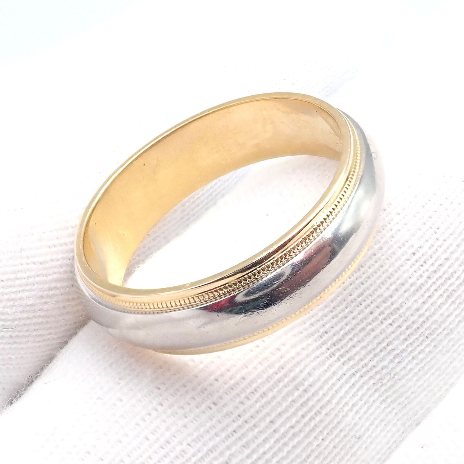 Tiffany & Co. 18k Yellow Gold Platinum 6mm Wedding Band Classic Milgrain Ring Size 10 - Perfect for Engagement, Anniversary & Special Occasion Gifts