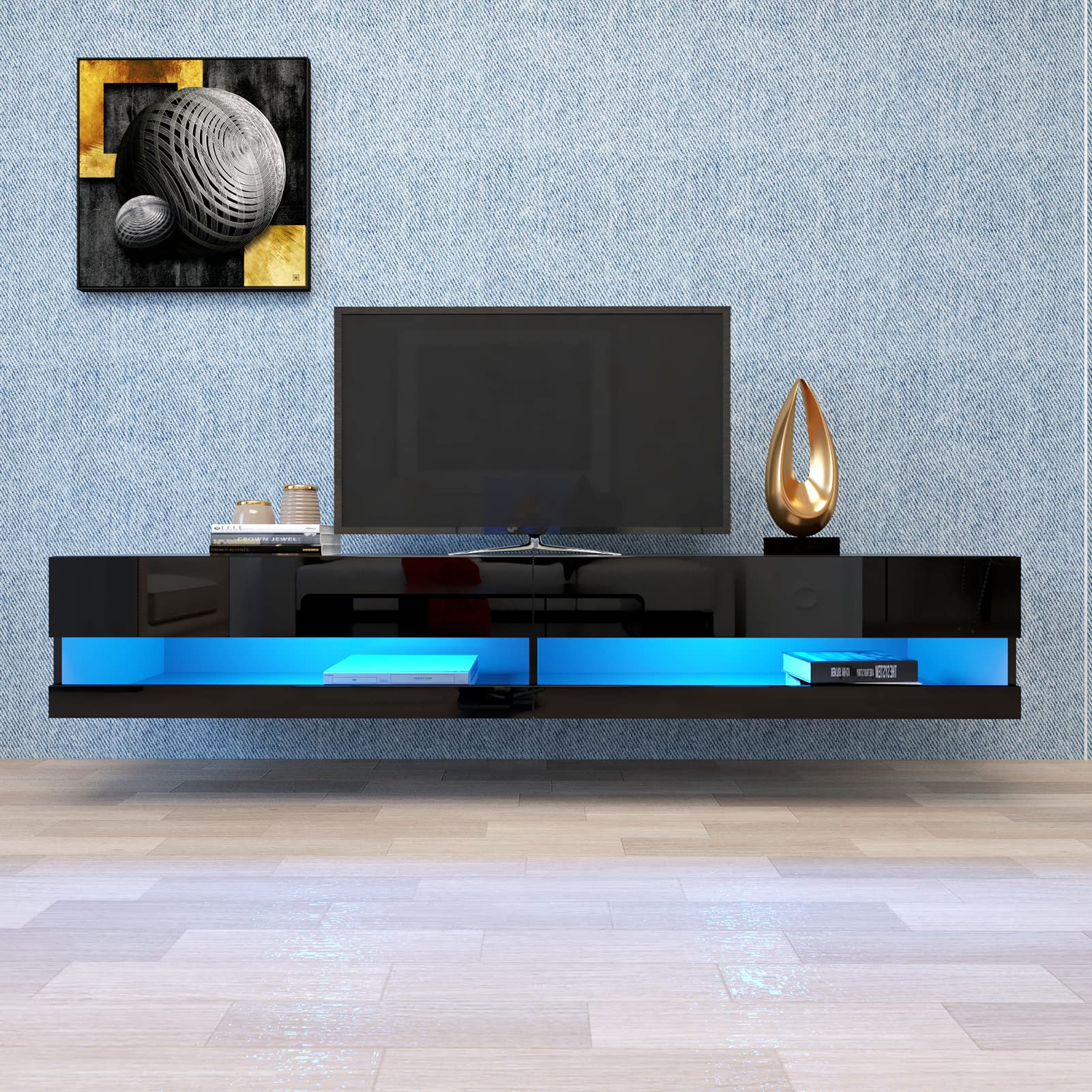 LZQpeARL Floating TV Stand Wall Mount for 80 Inch TVs - Modern LED Backlit Entertainment Center with 20 Color Options & Storage Shelf - Space-Saving Wall Mounted TV Console for Living Room, Bedroom & Home Theater Setup