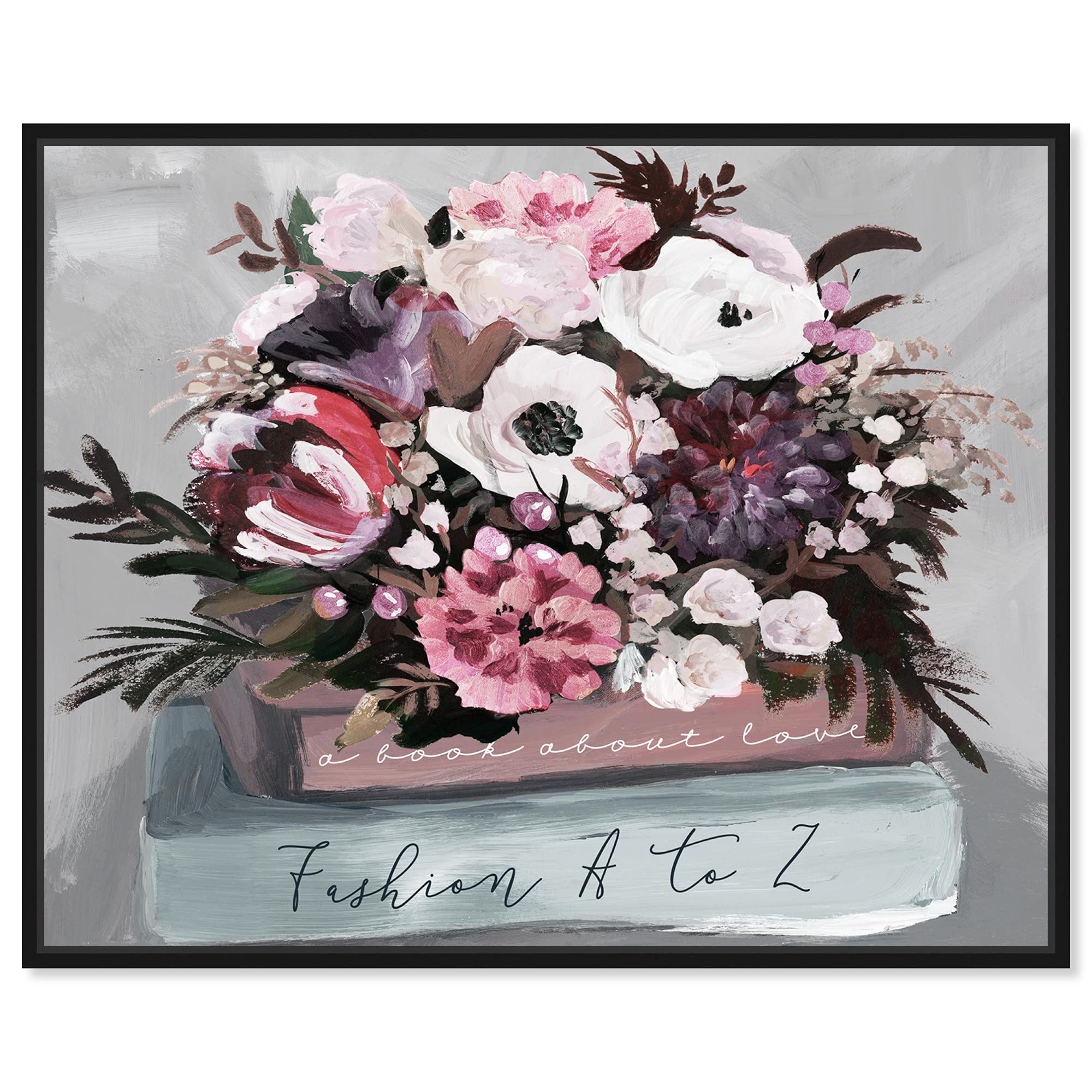 Floral and Botanical Wall Art Framed Canvas Prints - Flower Bundle and Books Decor for Living Room, Bedroom & Office