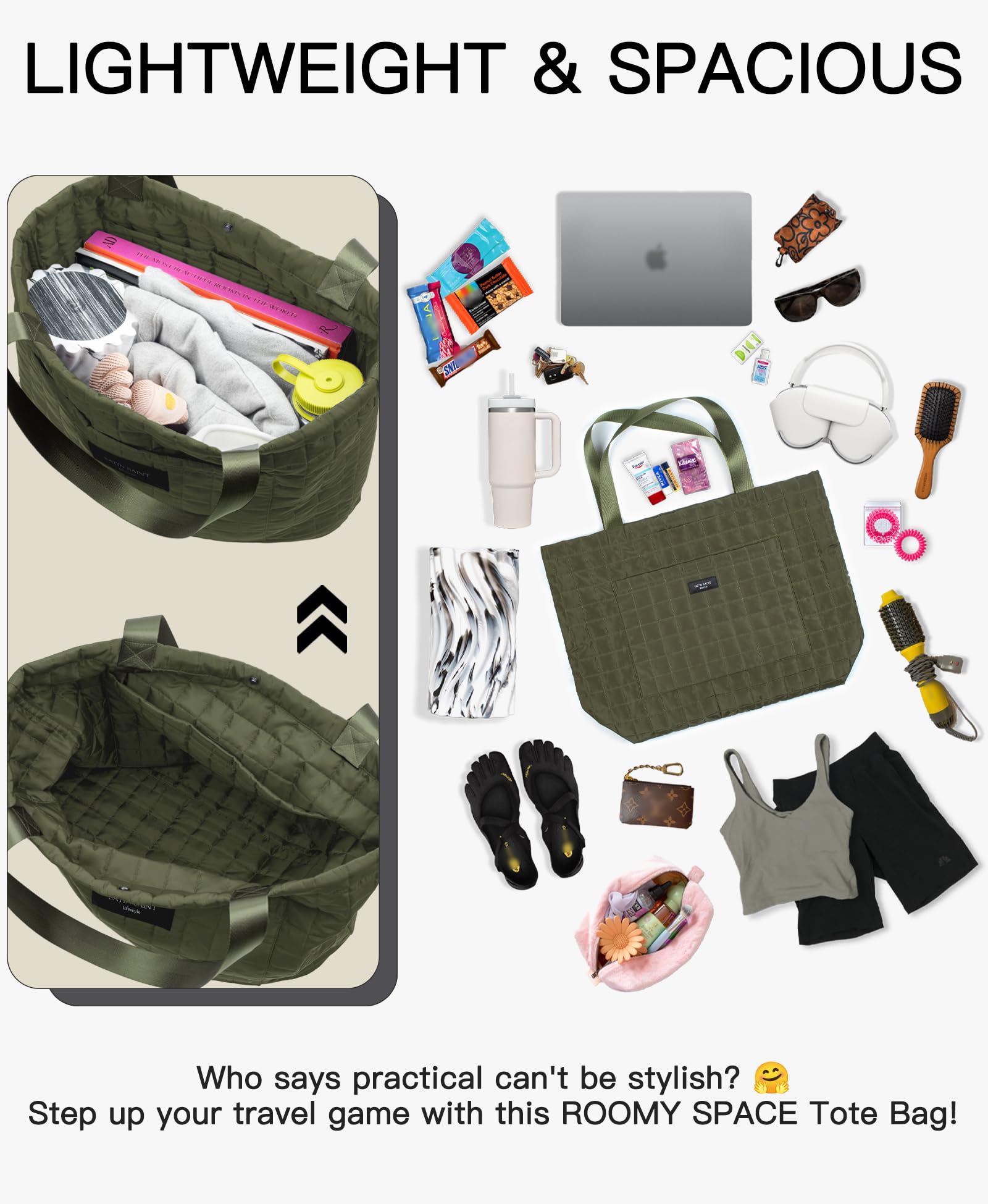 SATINSAINT Large Quilted Tote Bag for Women - Lightweight Travel Tote, Work Bag, Gym Bag & Casual Shopper - Perfect for Business Trips, Work Commute, Fitness & Everyday Use