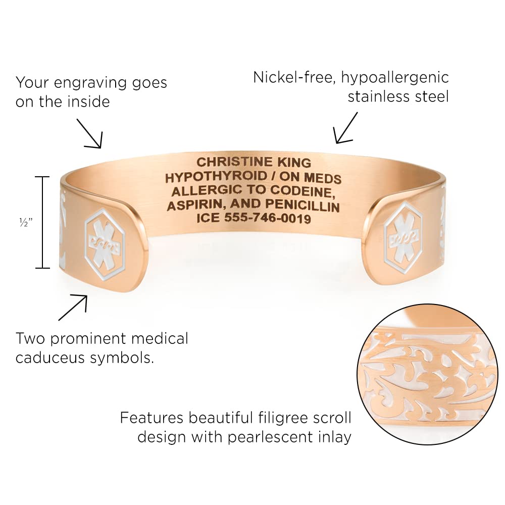 Custom Engraved Medical ID Cuff Bracelets for Women - Rose Gold, Silver & Gold Tone Stainless Steel | Personalized Medical Alert Jewelry for Diabetes, Allergies & Emergency Info | Perfect for Nurses, Doctors & Healthcare Workers
