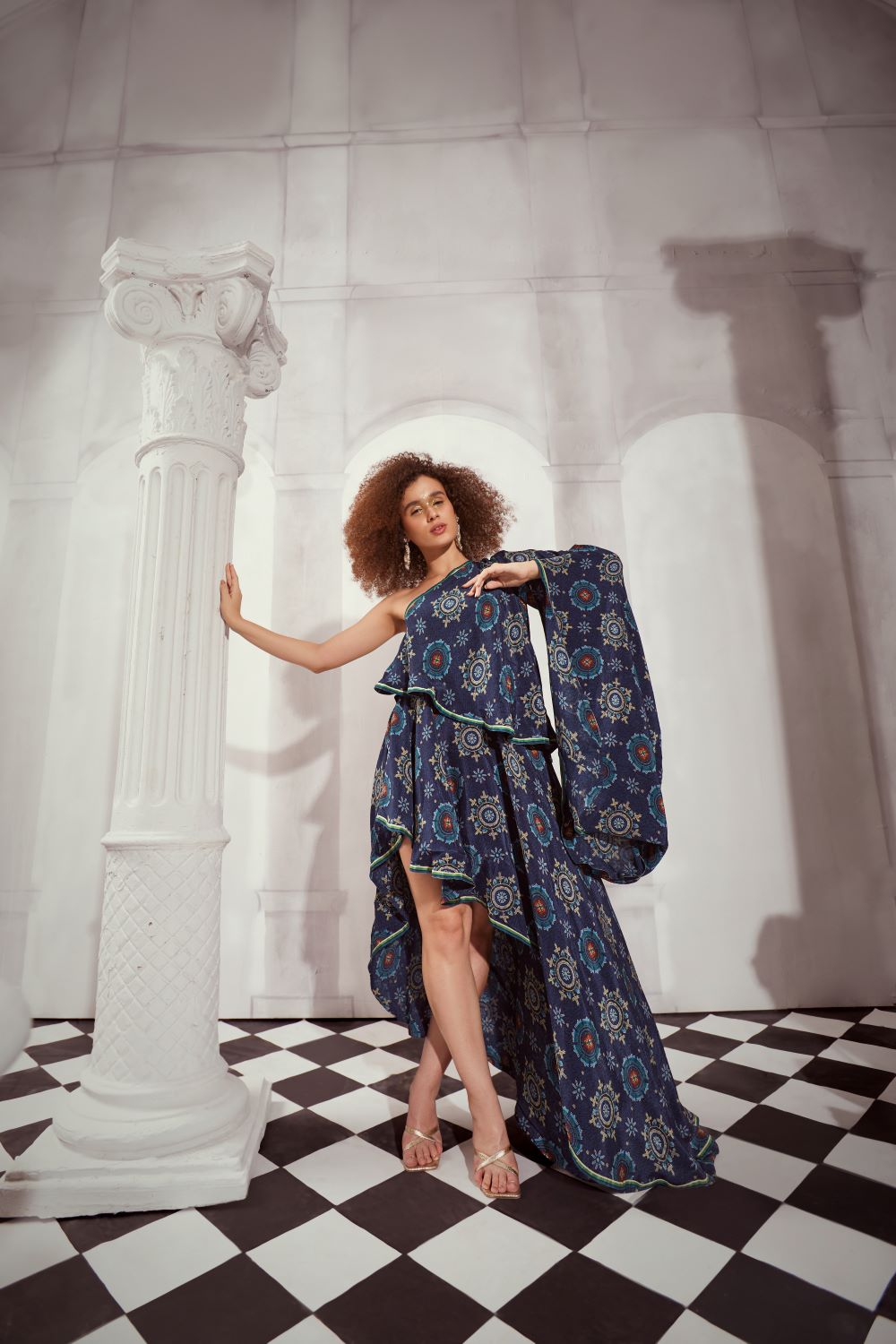 Elegant Blue Mosaic One Shoulder Dress for Women - Summer Beach Party & Cocktail Evening Wear