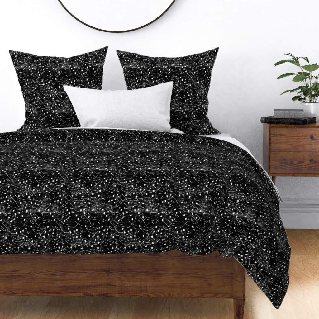 Custom Black Stars Sky Constellation Zodiac Print Cotton Sateen Duvet Cover - Twin Size Dark White Bedding for Cozy Stargazing Bedroom Decor