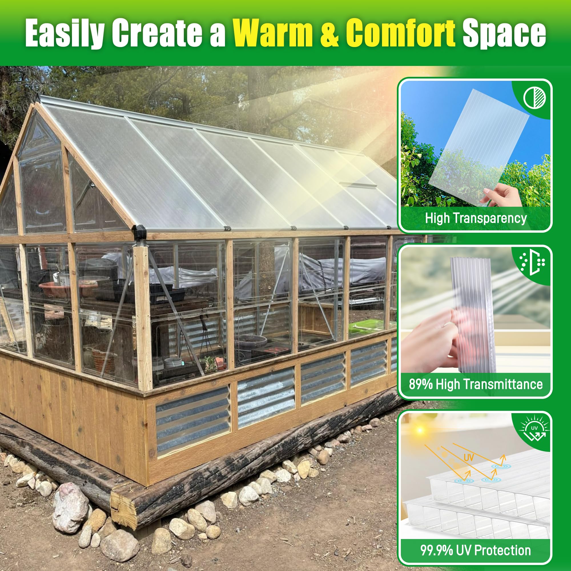 8 Pack 4' x 2' x 0.24'' Twin-Wall Polycarbonate Greenhouse Panels - Clear All-Weather Roof Replacement Sheets for Gardening, Sheds & DIY Projects
