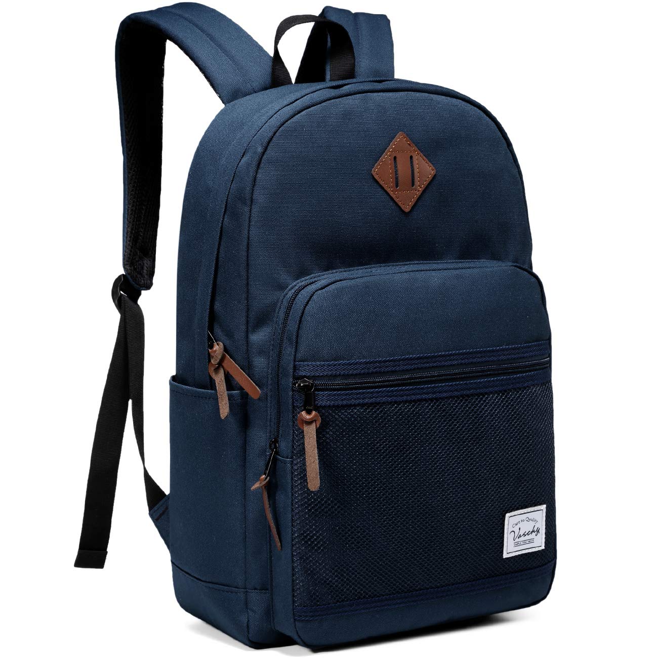 VASCHY Waterproof Lightweight School Backpack for Men & Women - 15.6 Inch Laptop Backpack with Padded Sleeve - Navy Blue College Backpack for Travel, Work & Daily Commute