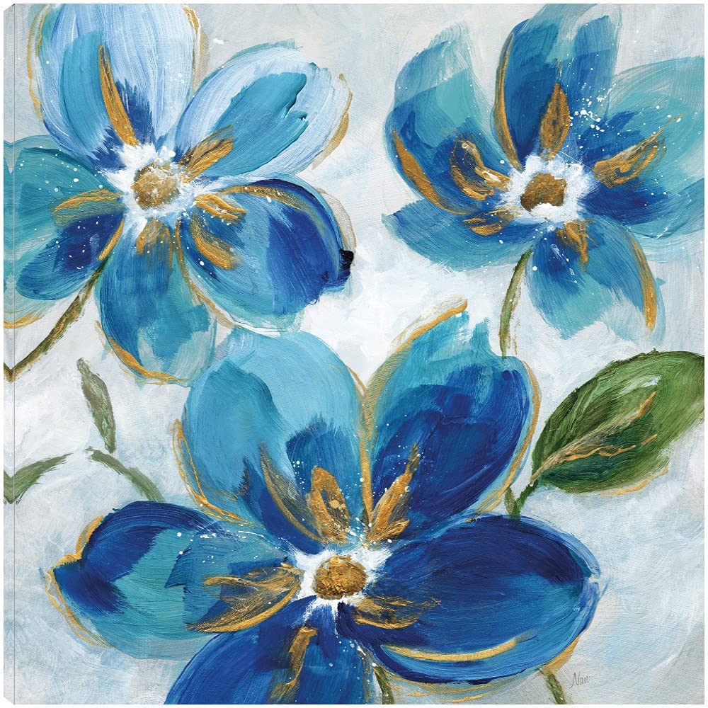 Blue Floral Canvas Wall Art - Hand Painted Flower Painting by Artist Nan - Modern Home Decor for Living Room, Bedroom, Office & More - 48x48 Inch Ready to Hang - Perfect for Boho, Farmhouse & Contemporary Interiors
