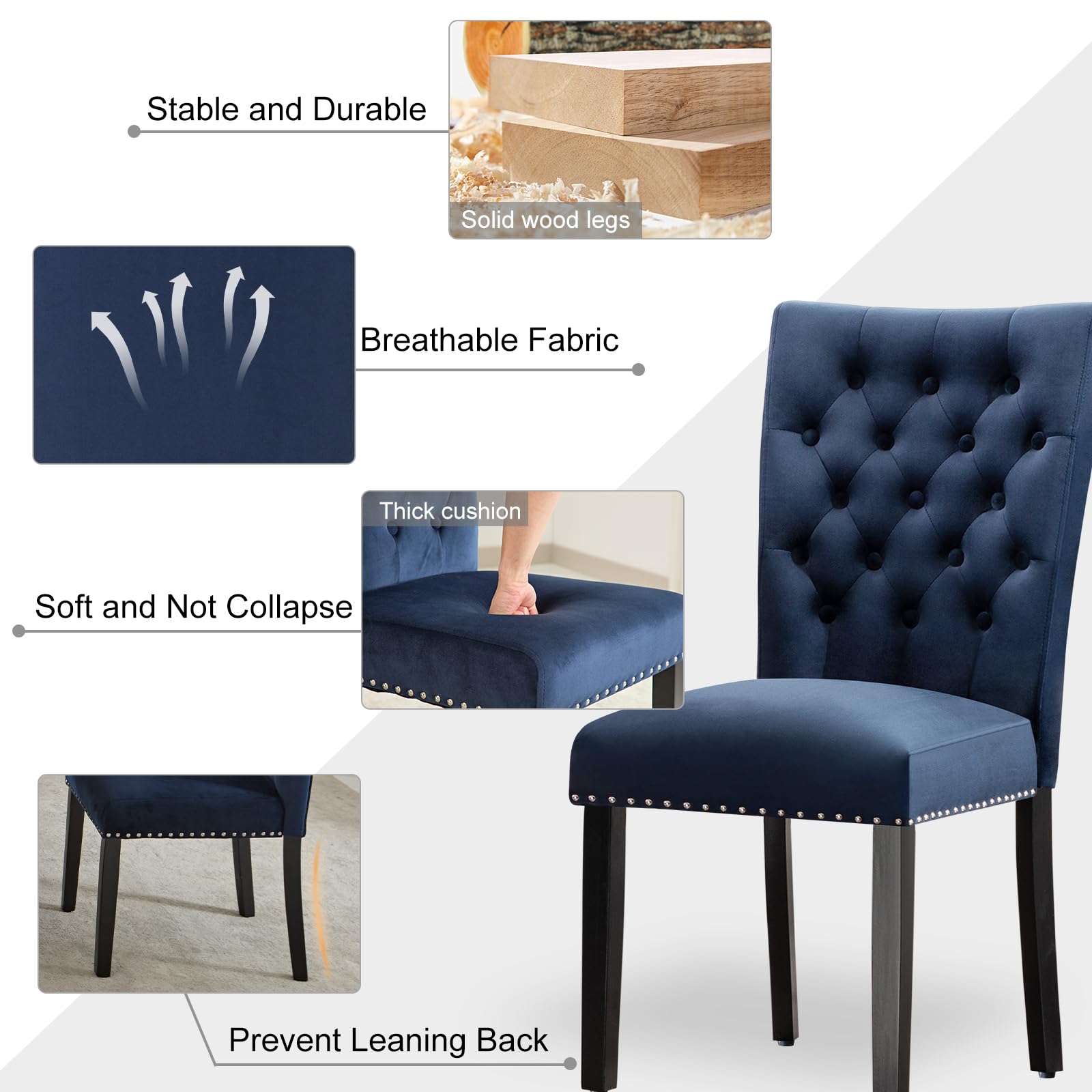 Velvet Dining Chairs Set of 2 - Blue Parsons Upholstered Dining Room Chairs with Wood Legs & Nailhead Trim - Perfect for Modern Dining Room, Kitchen, or Breakfast Nook