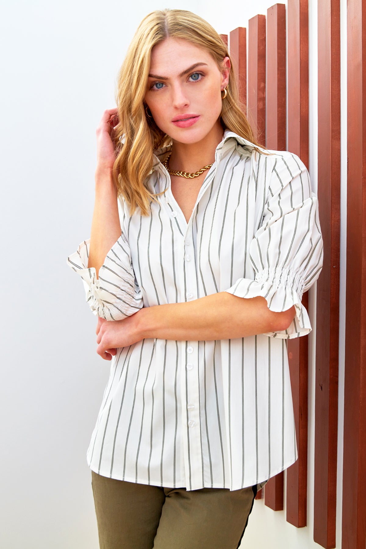 Sirena Double Pinstripe Button-Down Shirt for Women - Olive Green Business Casual Blouse | Perfect for Office Wear, Business Meetings & Smart Casual Outfits