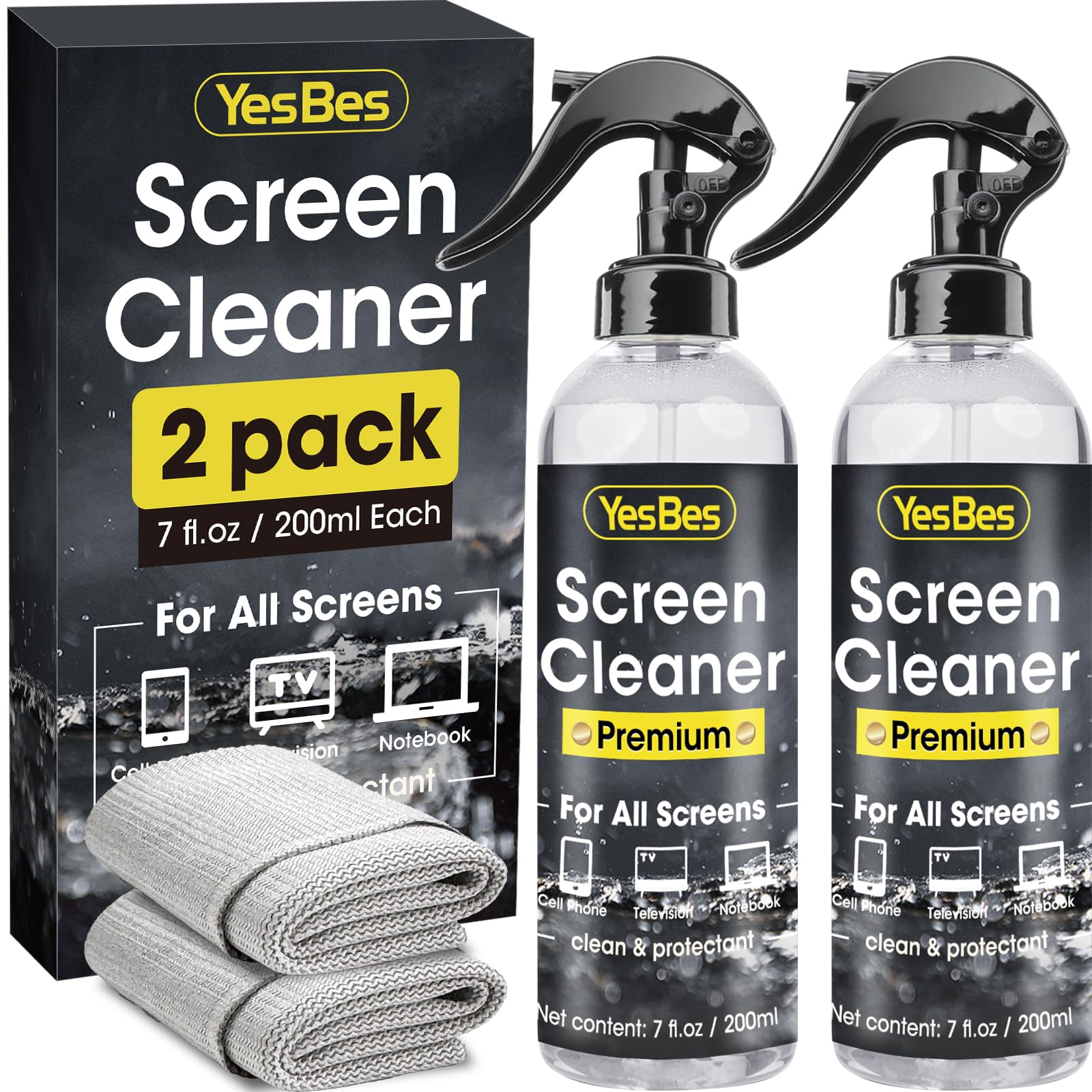 14oz Screen Cleaner Spray (7oz x 2 Pack) with 2 Microfiber Cloths - Safe for TV, Monitor, Laptop, MacBook, iPad & Electronics | Streak-Free Cleaning for Home, Office & Car Use