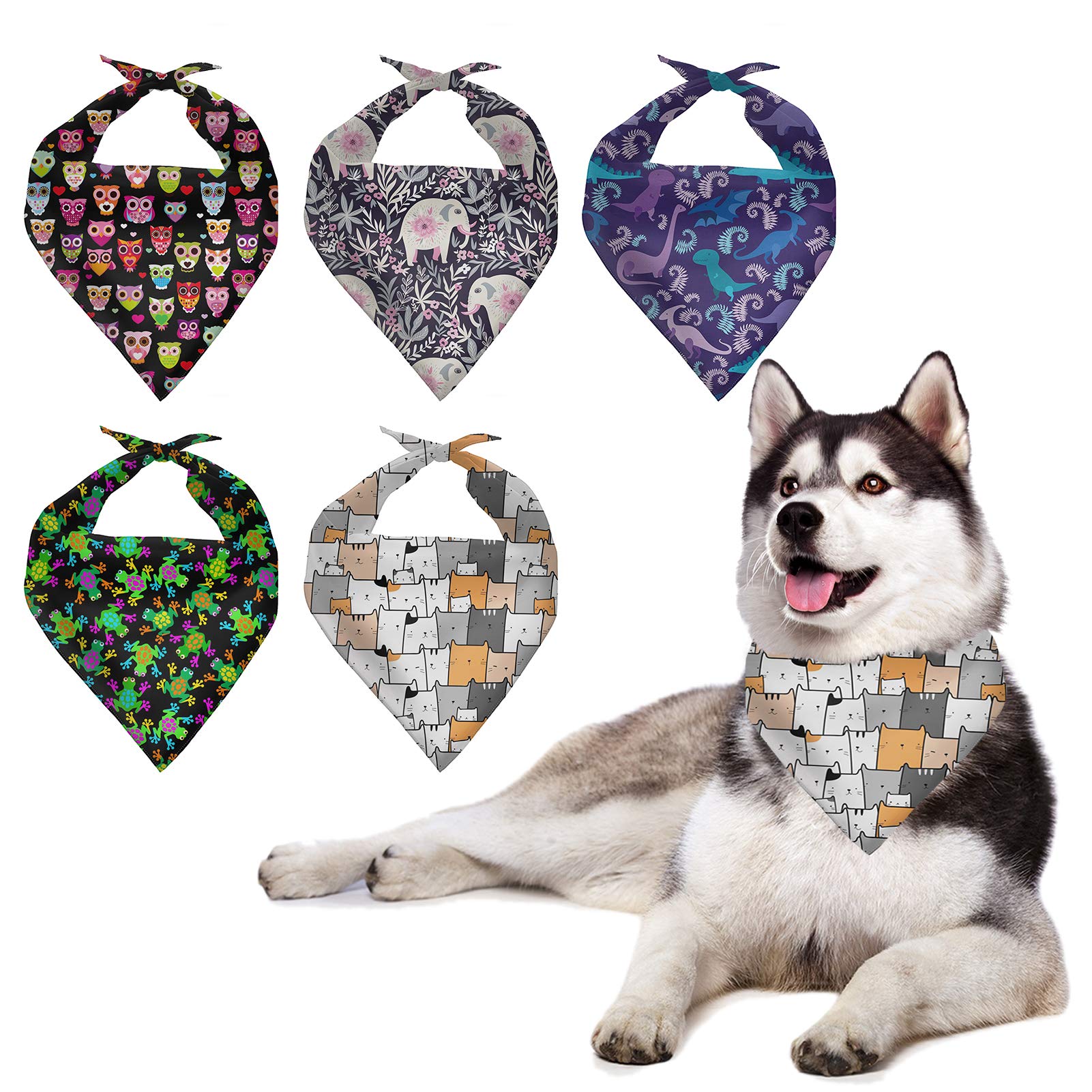 Howilath 5-Piece Dog Bandana Set - Cute Cartoon Animal Patterns (Owl, Elephant, Dinosaur, Frog, Cat) - Adjustable Pet Scarf & Triangle Bib for Small to Large Dogs & Cats - Perfect for Daily Walks, Pet Photos, and Special Occasions