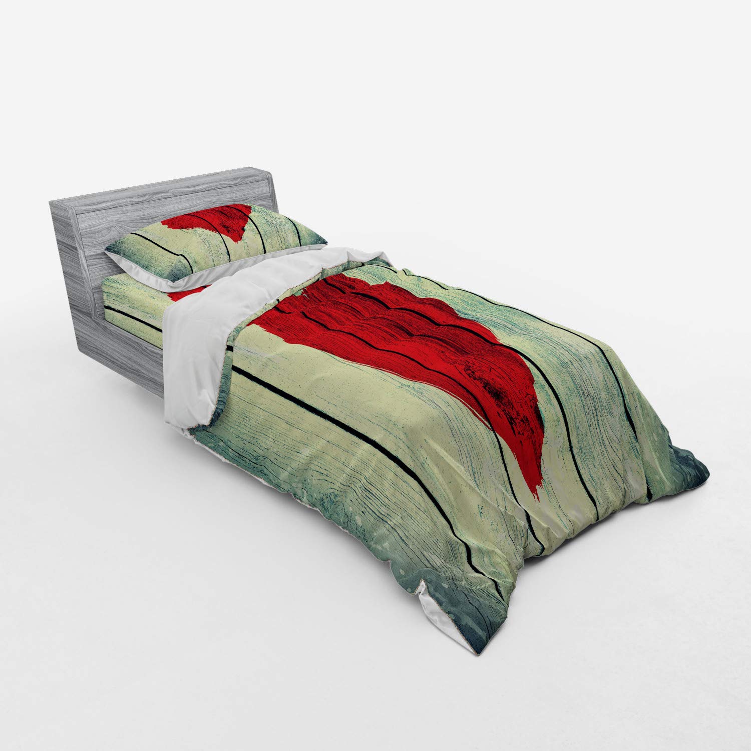 Ambesonne Love Themed Bedding Set - Heart Print on Rustic Wooden Wall Design, 3-Piece Duvet Cover with Sham & Fitted Sheet, Twin XL Size in Red & Pale Green | Romantic Bedroom Decor for Couples, Valentine's Gift Idea