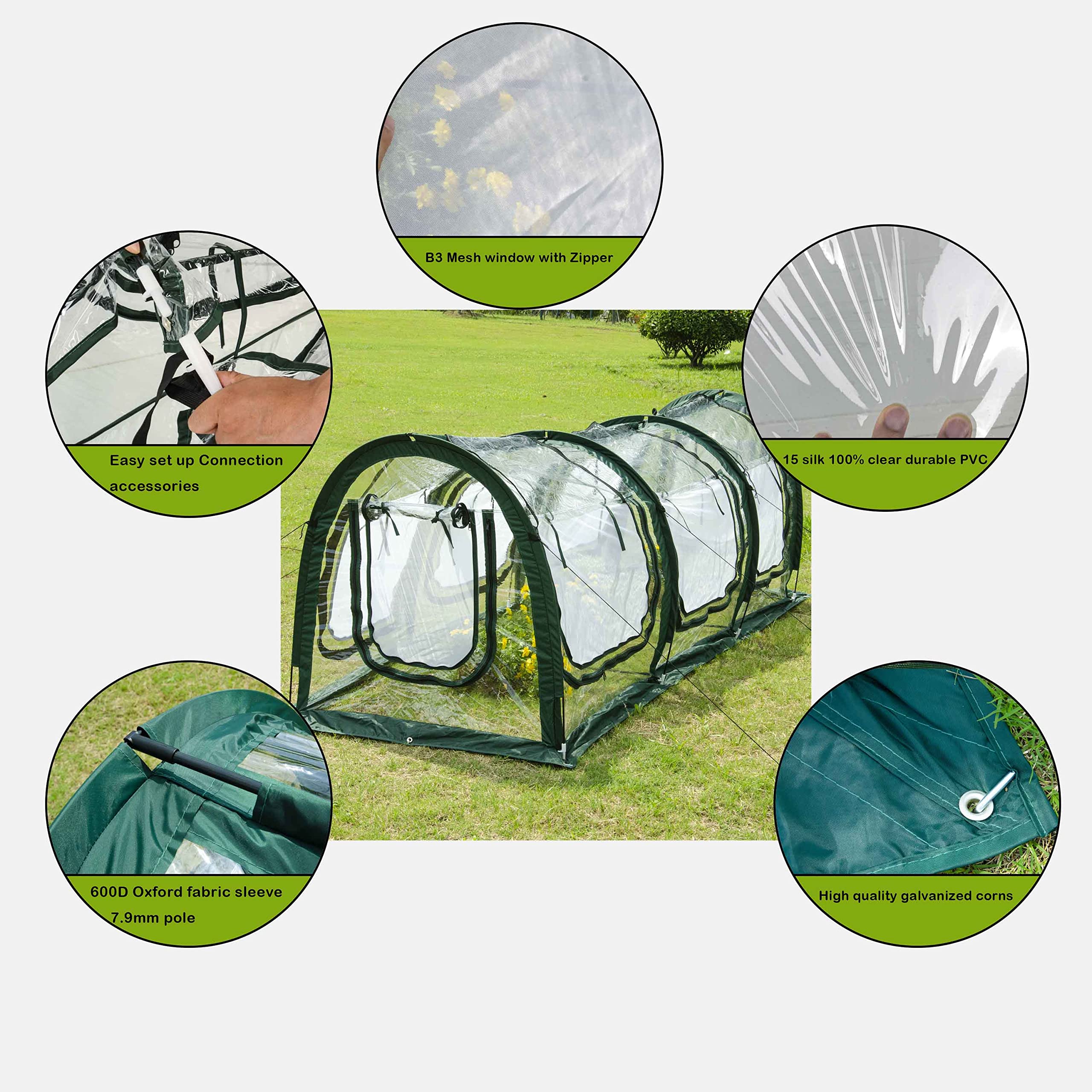 Poray Pop Up Tunnel Greenhouse - Portable Garden Greenhouse with PVC Cover & Mesh Netting - Protects Plants from Cold, Frost, Birds & Insects - Ideal for Outdoor Gardening, Seed Starting & Plant Protection