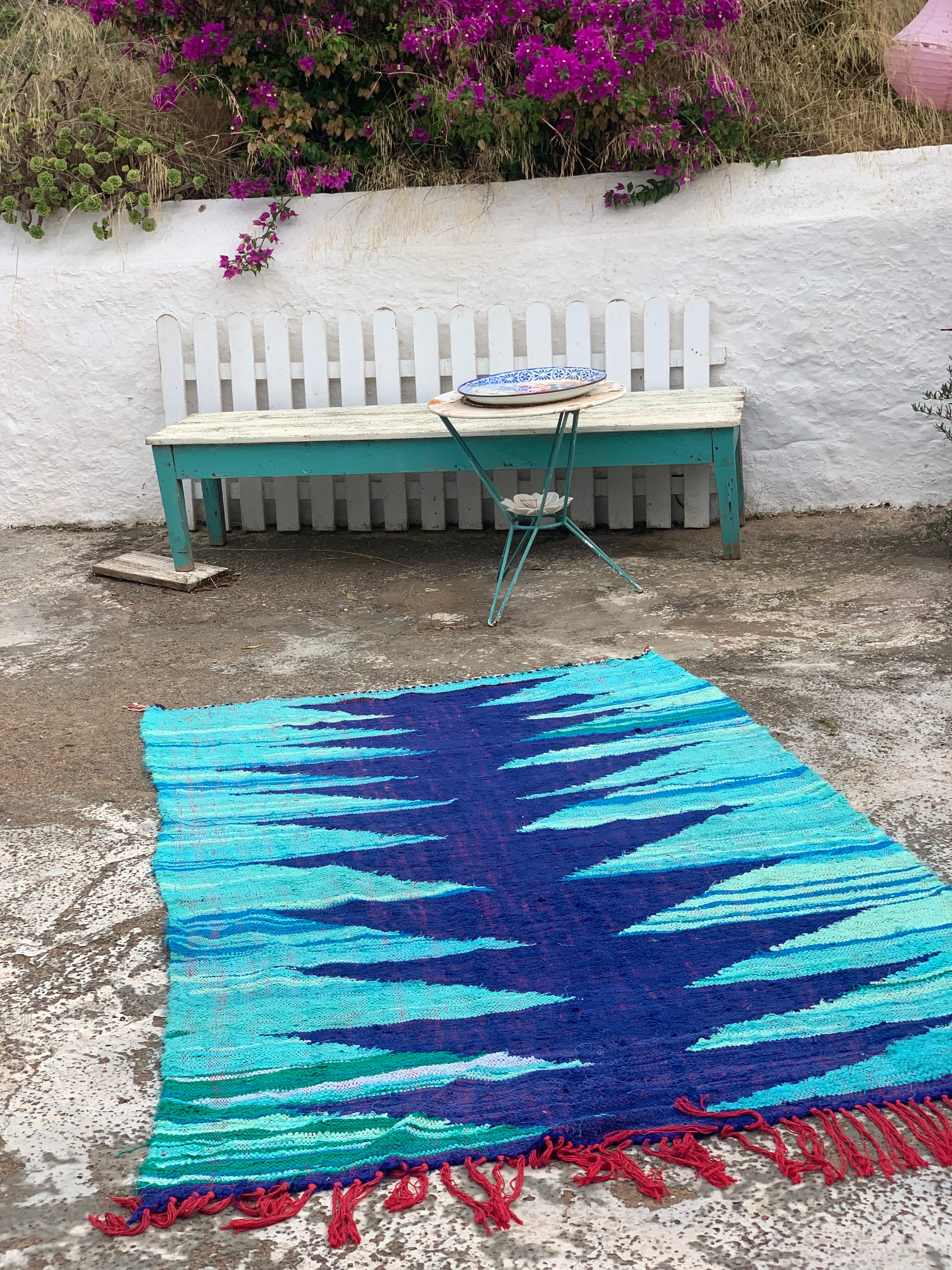 Vintage Turquoise Berber Moroccan Rug with Abstract Design - Handmade Wool Carpet for Boho Living Room, Bedroom & Home Decor