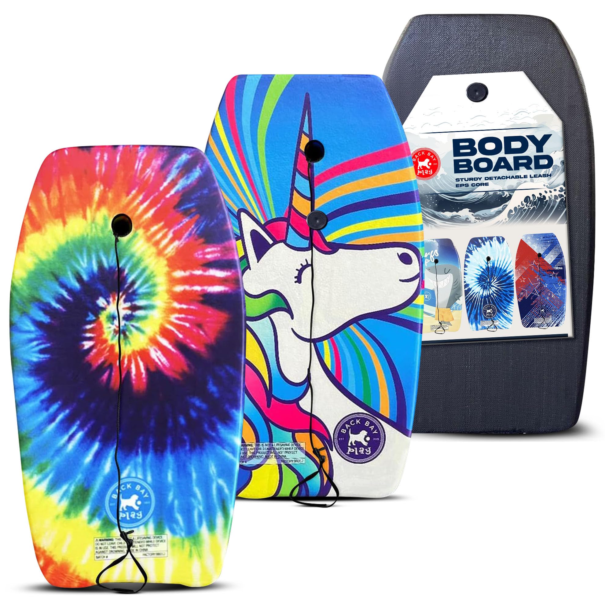 Back Bay Play Body Boards - Lightweight EPS Core Boogie Boards for Beach Surfing - Kids & Adults Bodyboard with Wrist Leash - 2 Pack Set for Family Beach Fun, Pool Parties & Ocean Waves Riding