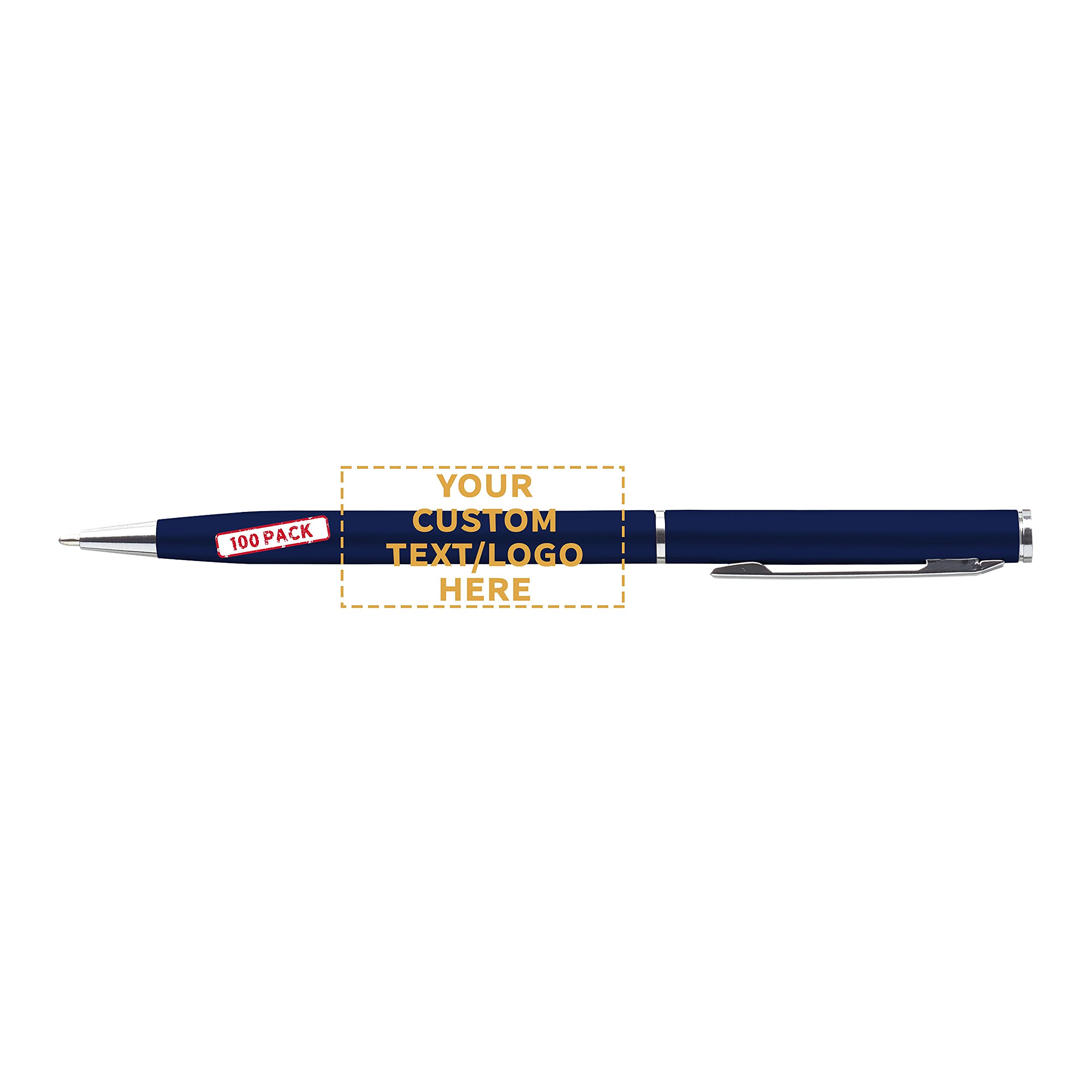100 Pack Customizable Skinny Ballpoint Metal Pens - Personalized Text & Logo - Sleek Twist-Off Design with Black Ink (Blue Barrel) - Perfect for Office, School, Business Gifts & Promotional Events