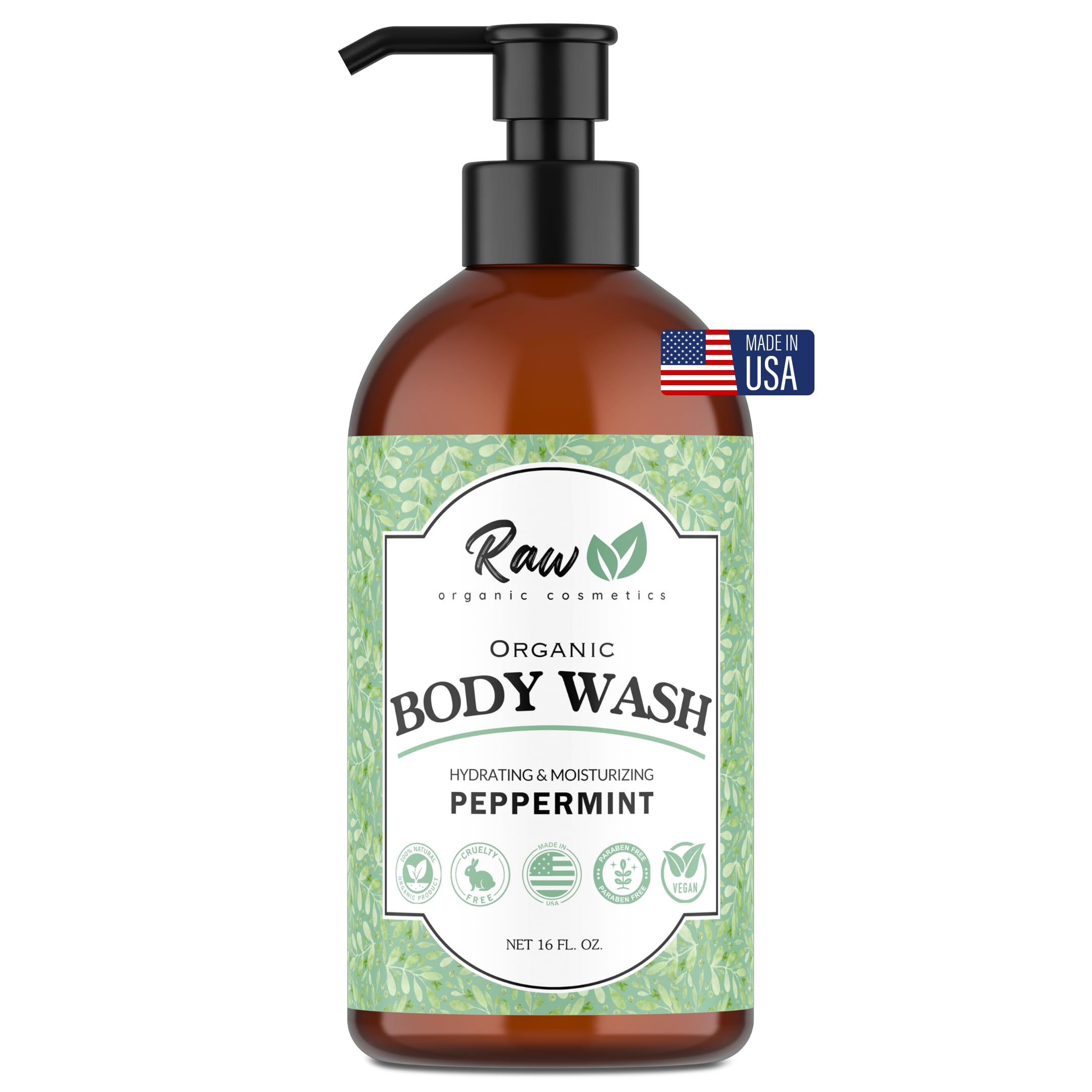 Organic Peppermint Body Wash with Shea Butter - All Natural, Hydrating & Soothing Body Wash for Sensitive Skin - Made in USA, 16 oz - Perfect for Daily Shower & Spa Relaxation at Home