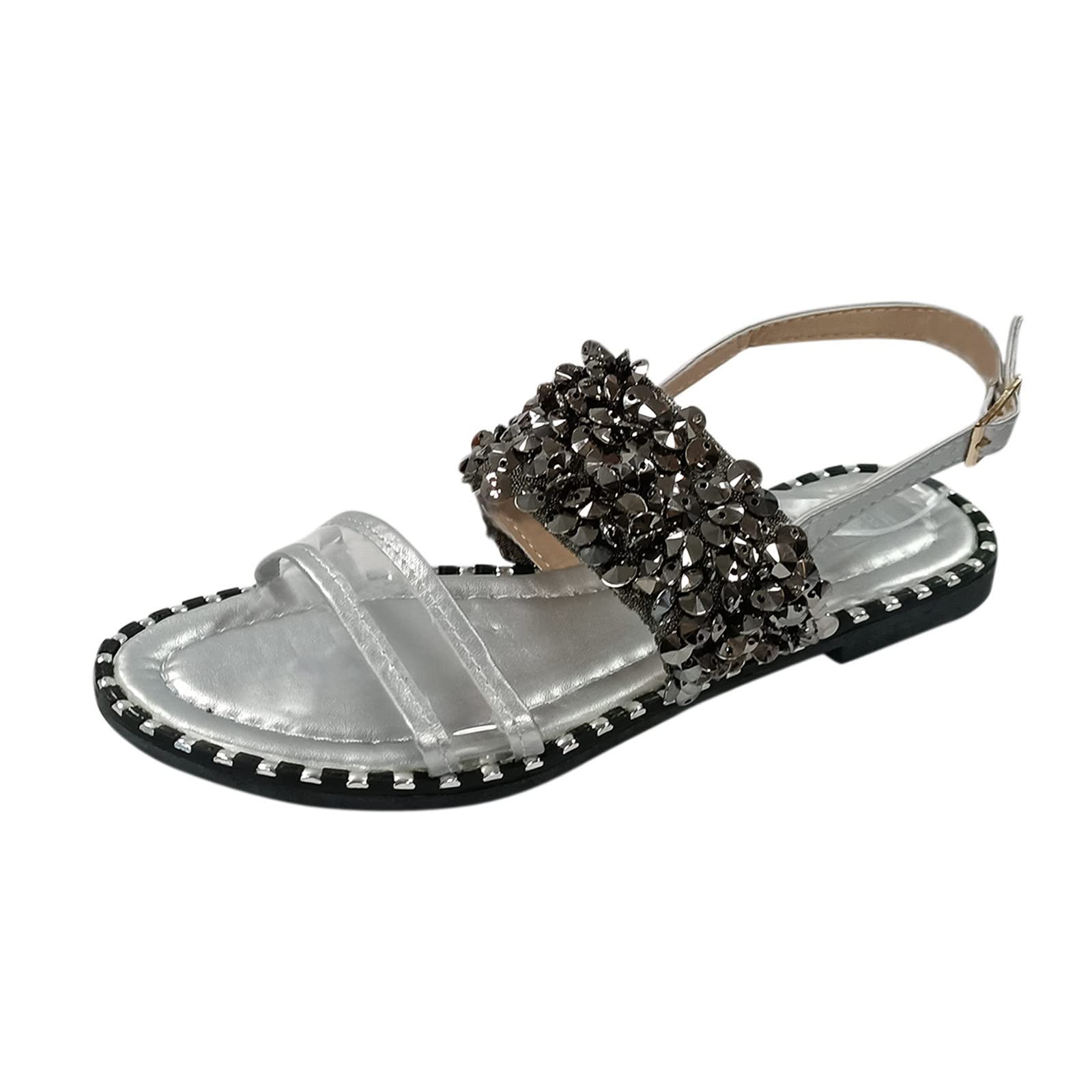 Women's Peep Toe Sandals with Buckle - Flat Retro Summer Sandals with Crystal Decor - Perfect for Beach, Vacation & Casual Outfits