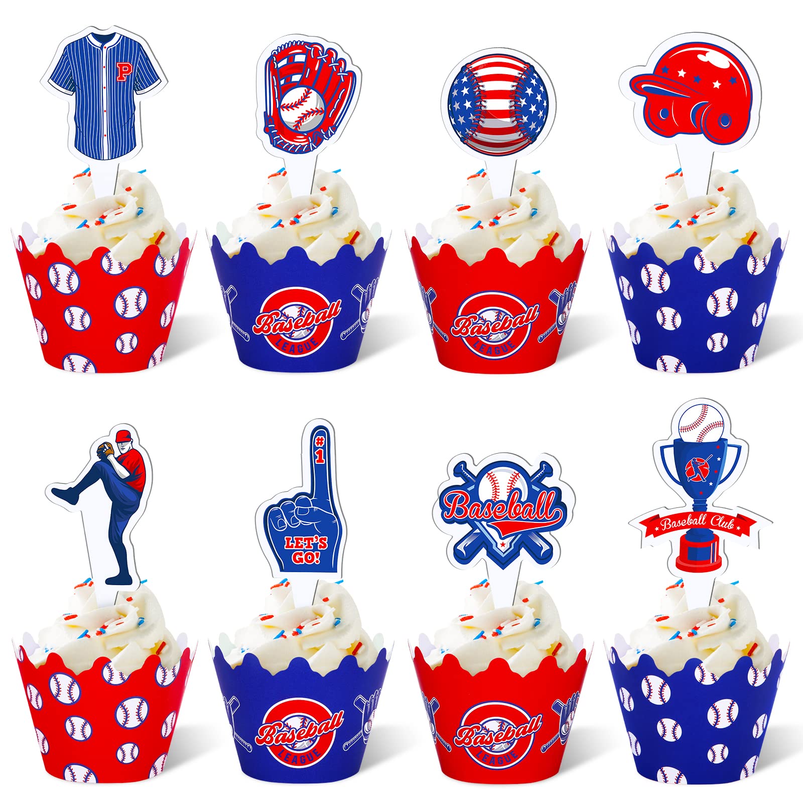 48Pcs Baseball Cupcake Toppers & Wrappers - Baseball Party Decorations for Boys Birthday, Sports Theme Parties - Perfect for Baseball Birthday Cakes, Baby Showers & Game Day Celebrations