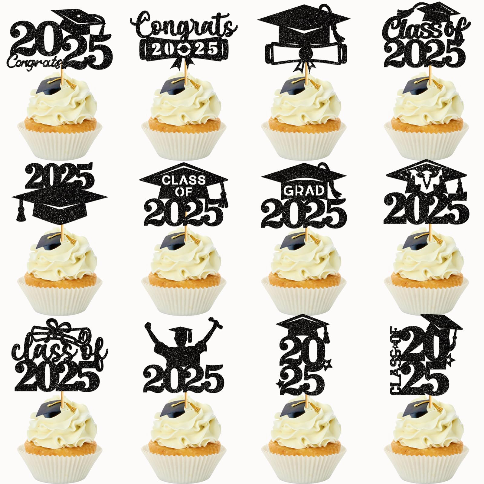 2025 Graduation Cupcake Toppers - Class of 2025 Cupcake Picks & Party Decorations (Black) | Perfect for Graduation Parties, School Celebrations & Dessert Decorations