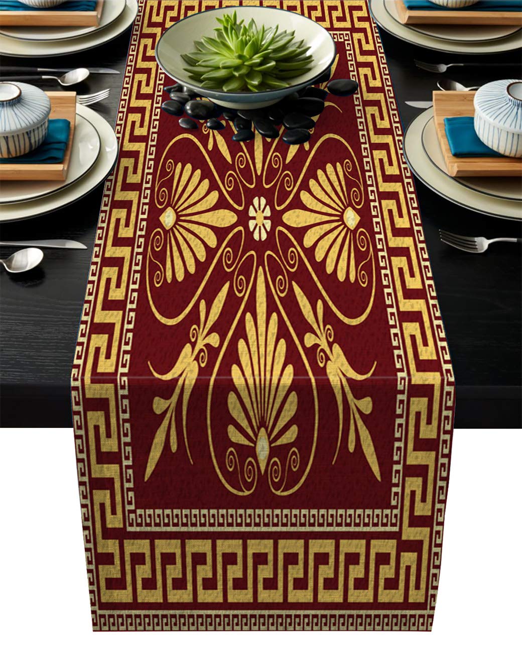 Modern Linen Table Runner - Square Flower Pattern Abstract Art Deco Design for Wedding, Kitchen, Dresser - Heat Resistant Decorative Table Cover for Thanksgiving, Christmas, Halloween Parties & Home Dining Decor