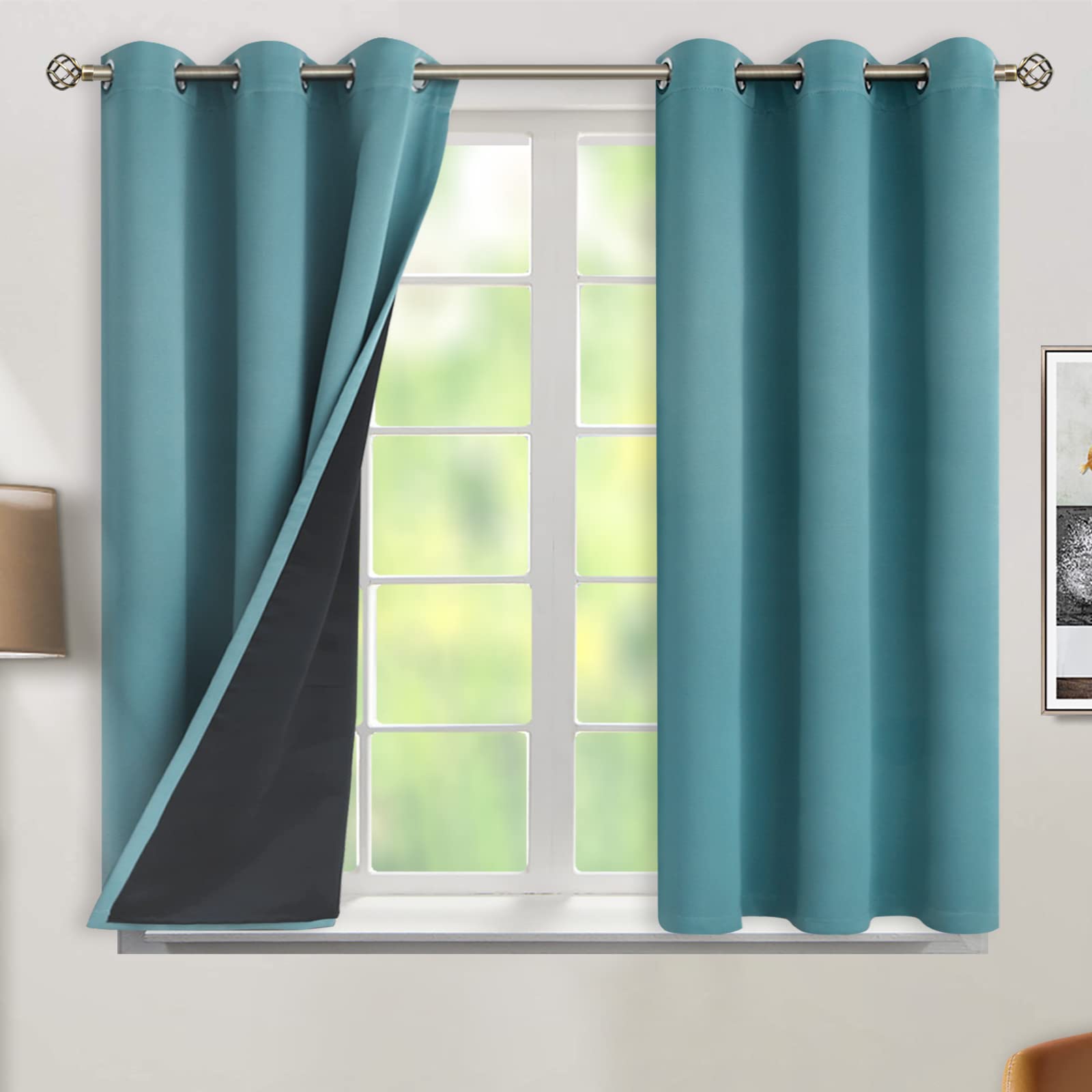 BGment Thermal Insulated 100% Blackout Curtains for Bedroom - Double Layer Room Darkening Noise Reducing Grommet Drapes with Black Liner (42 x 45 Inch, Sea Teal, 2 Panels) - Perfect for Home Theater, Nursery & Light Sleepers