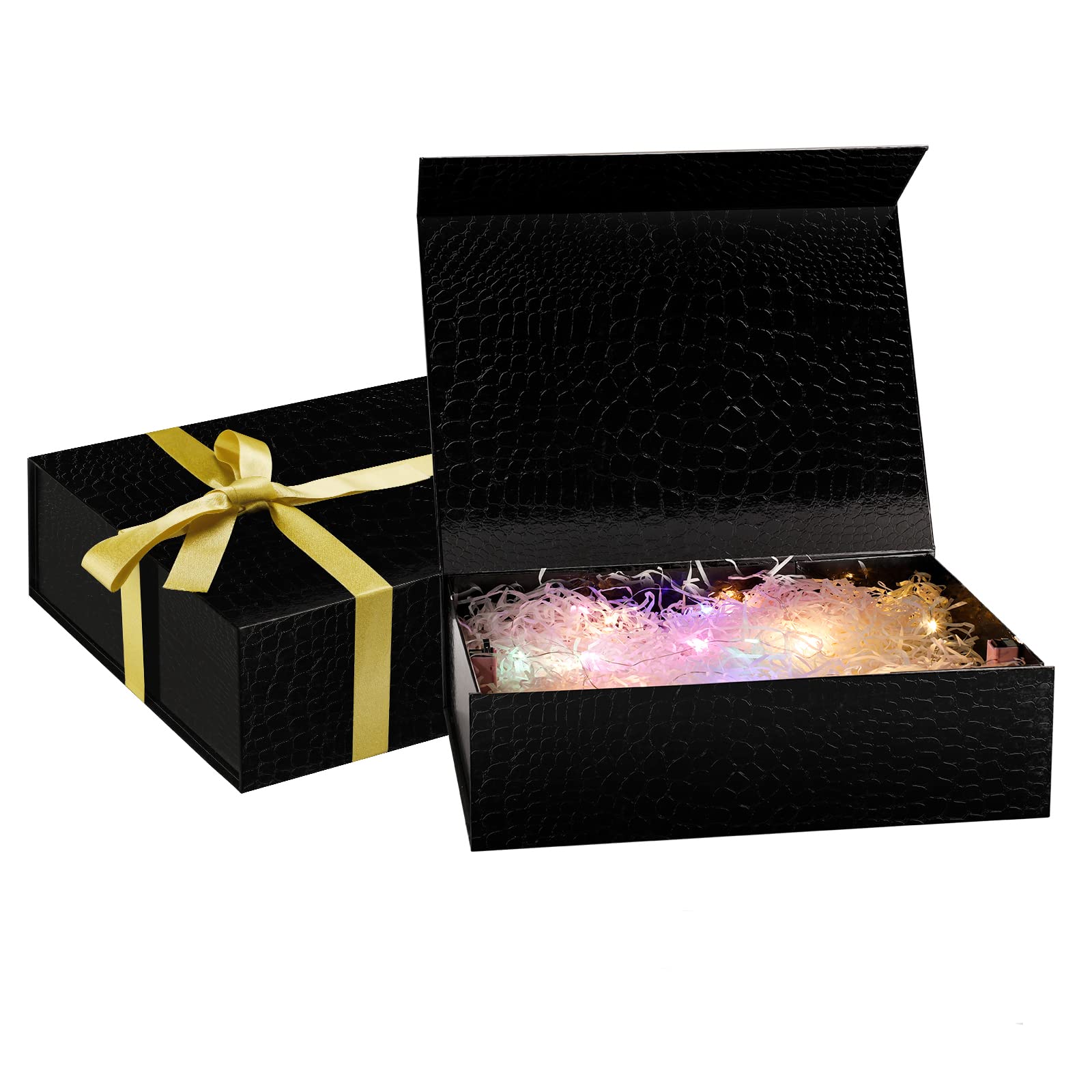 2 Pack Black Gift Box 12.6x9.4x3.5 Inches with Lid - Elegant Collapsible Groomsman Gift Box Set Includes LED Lights, Ribbon & Shredded Paper Filler - Perfect for Wedding Favors, Birthday Gifts & Holiday Present Packaging