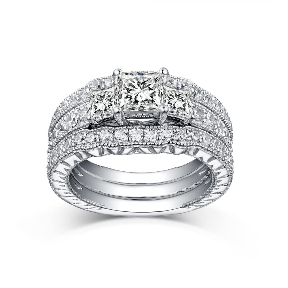 2.8 Ctw Moissanite Princess Cut Wedding Ring Set for Women - Platinum Plated Silver 3-Piece Bridal Set with 3 Stones - Engagement & Anniversary Promise Rings - Perfect for Proposals, Weddings, and Special Occasions