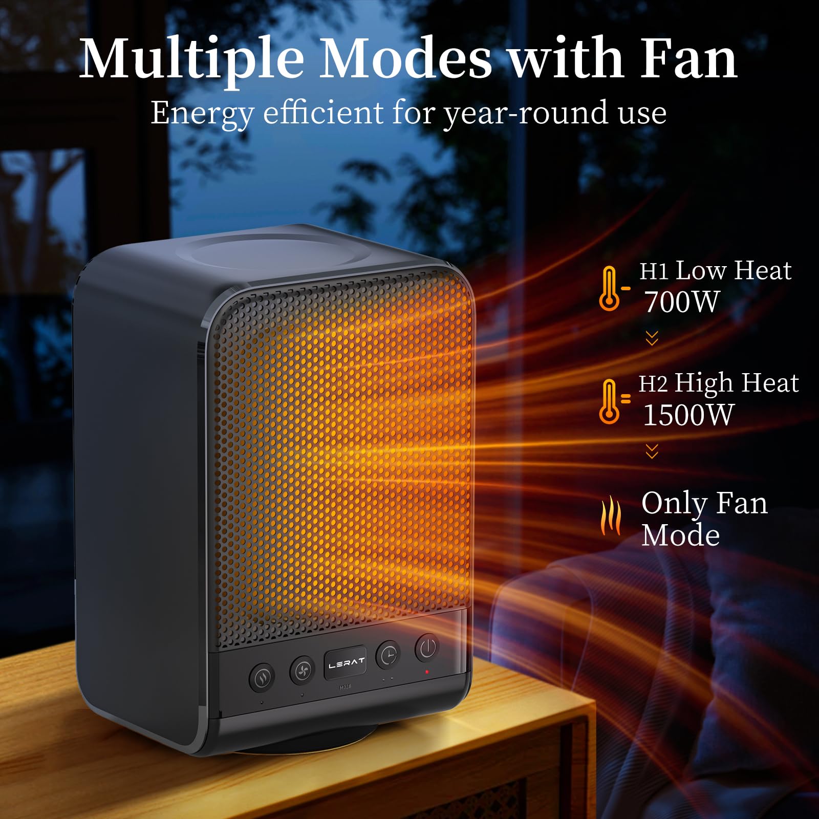 Lerat 1500W PTC Ceramic Space Heater - Portable Electric Heater with Thermostat, 3 Heating Modes & 1-12H Timer for Fast Heating - Ideal for Office, Bedroom & Home Use - Black
