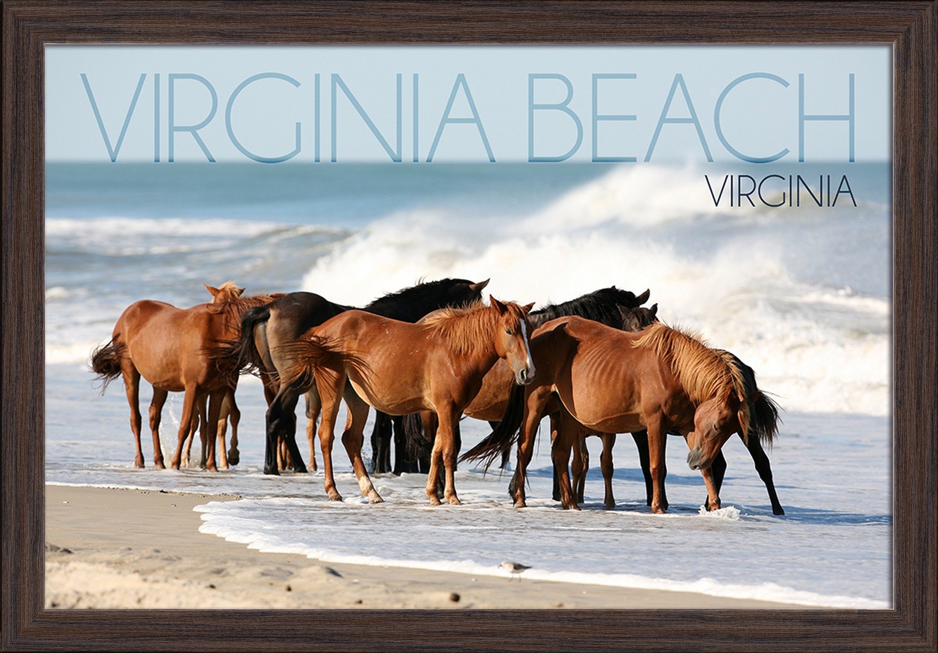 Virginia Beach Horses on Beach - 16x24 Giclee Fine Art Print in Recycled Wood Frame (Espresso Brown) - Perfect for Coastal Home Decor & Beach House Wall Art