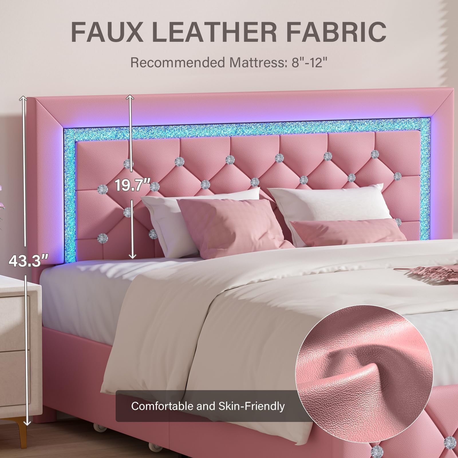 LED Twin Bed Frame with Storage Drawers & Diamond Headboard - Upholstered Faux Leather Princess Platform Bed, No Box Spring Needed, Easy Assembly (Pink) - Perfect for Kids' Rooms, Teen Bedrooms & Small Space Living