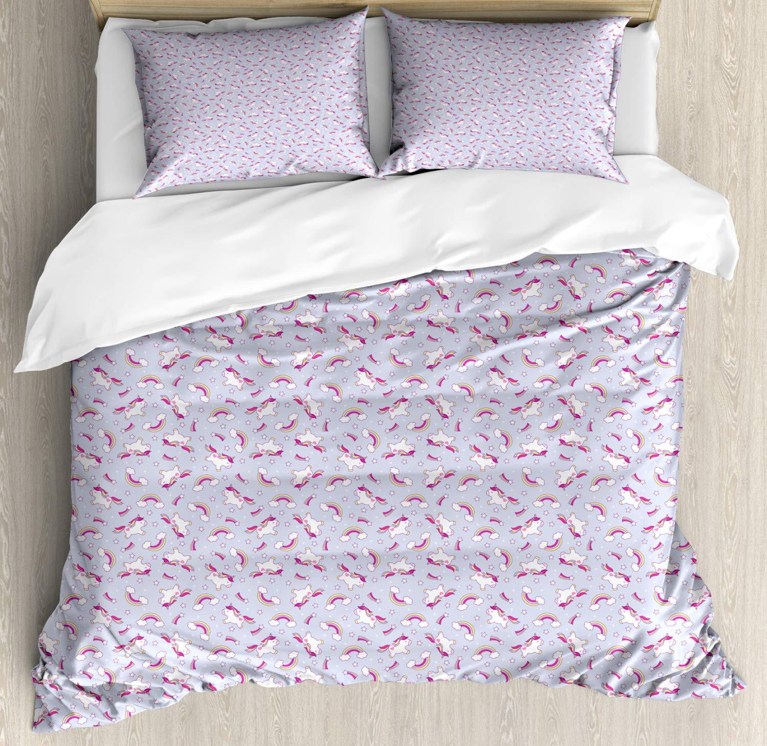 Ambesonne Unicorn Duvet Cover Set - King Size 3 Piece Bedding with 2 Pillow Shams | Magic Horse Rainbow Clouds & Stars Design in Pale Ceil Blue | Perfect for Kids' Bedroom, Fantasy Themed Decor & Birthday Party Decorations