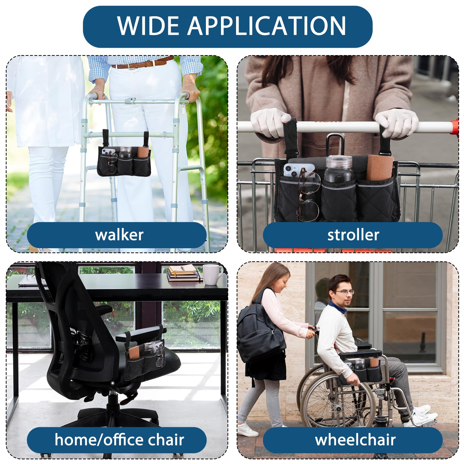 Waterproof Wheelchair Side Bag with Reflective Stripe - Armrest Organizer for Walker & Rollator - Travel & Daily Use